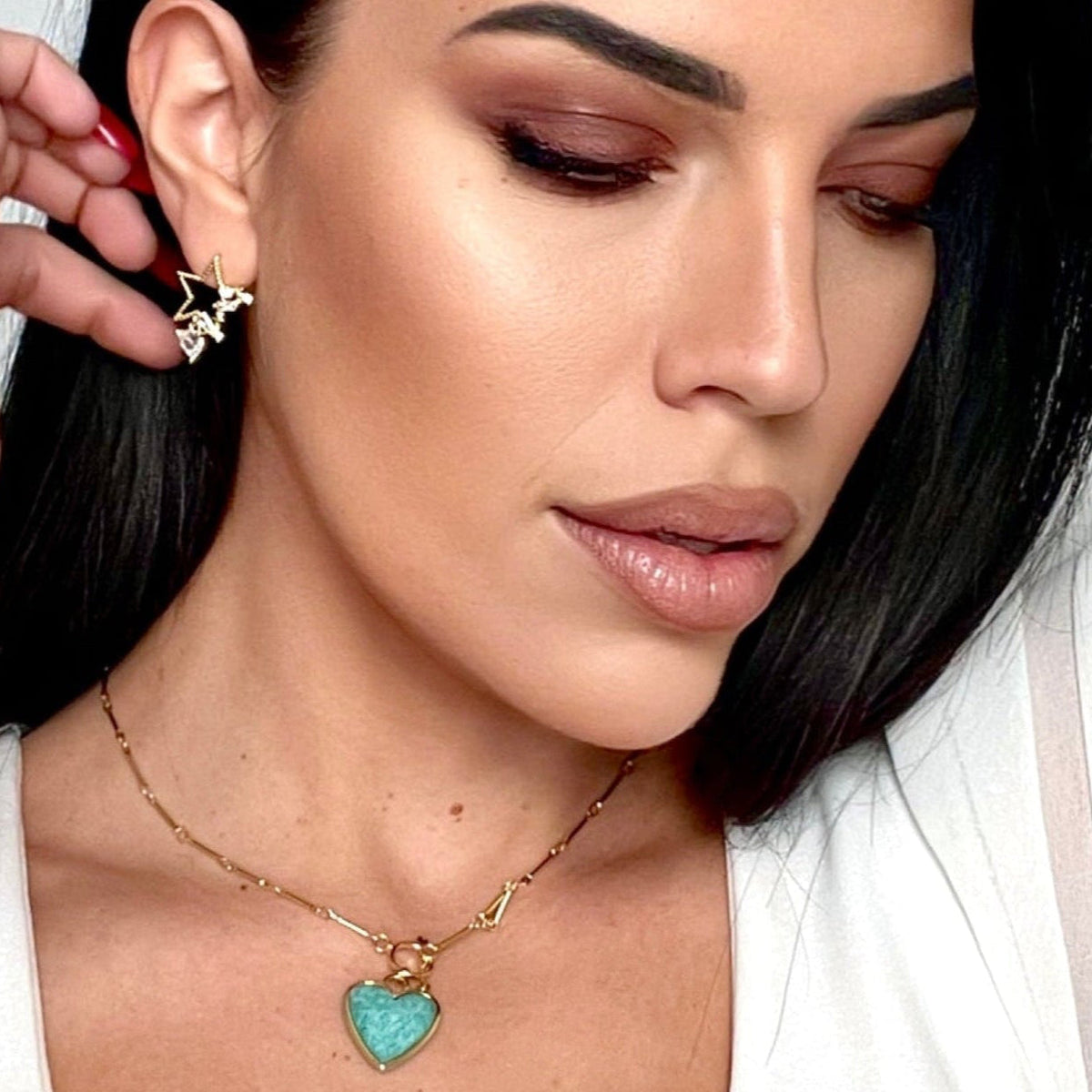 Luxe 18k Gold Plated Turquoise T Bar Heart Necklace