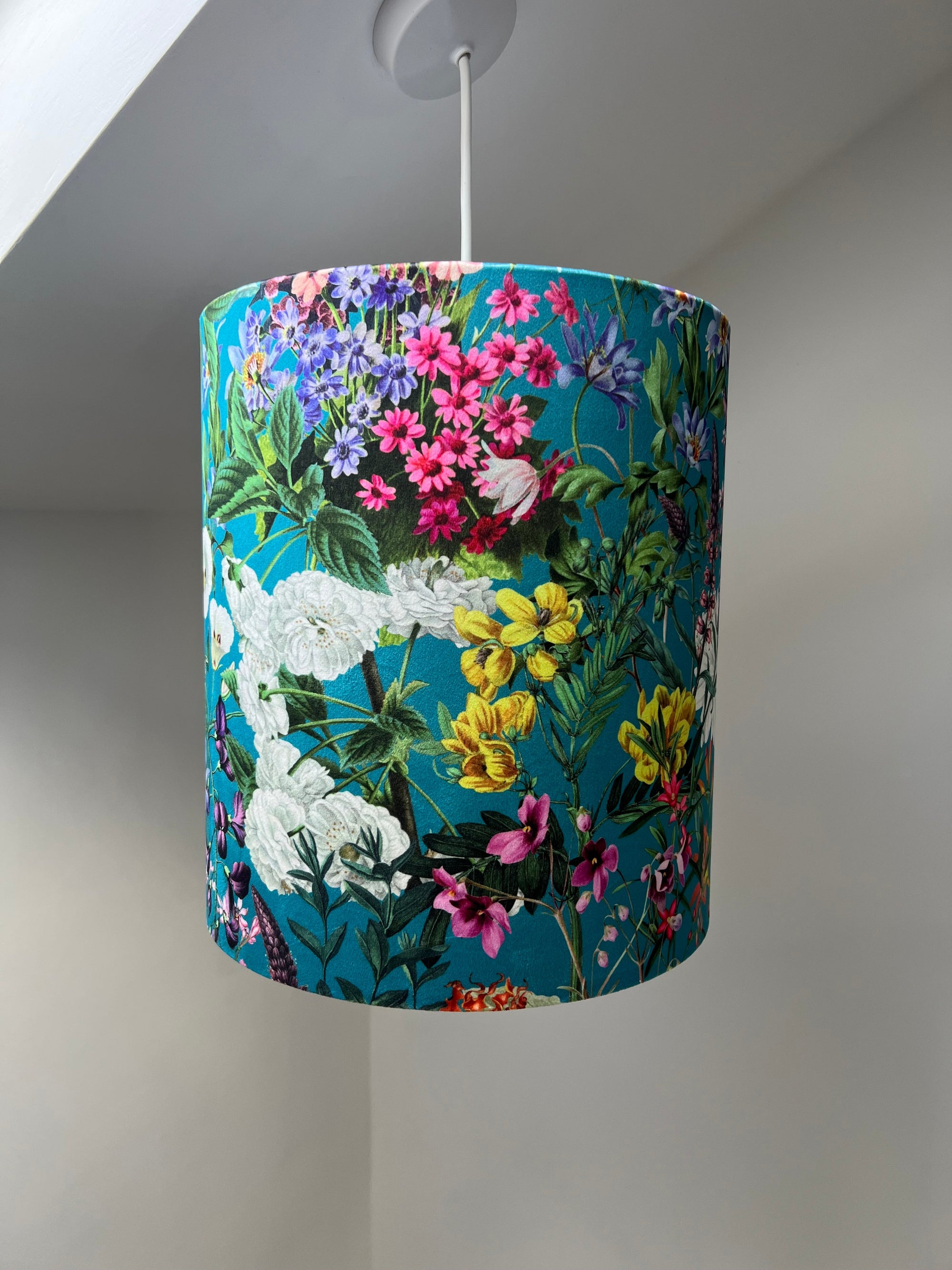 Teal flowers velvet drum lampshade / ceiling shade, with a white lining