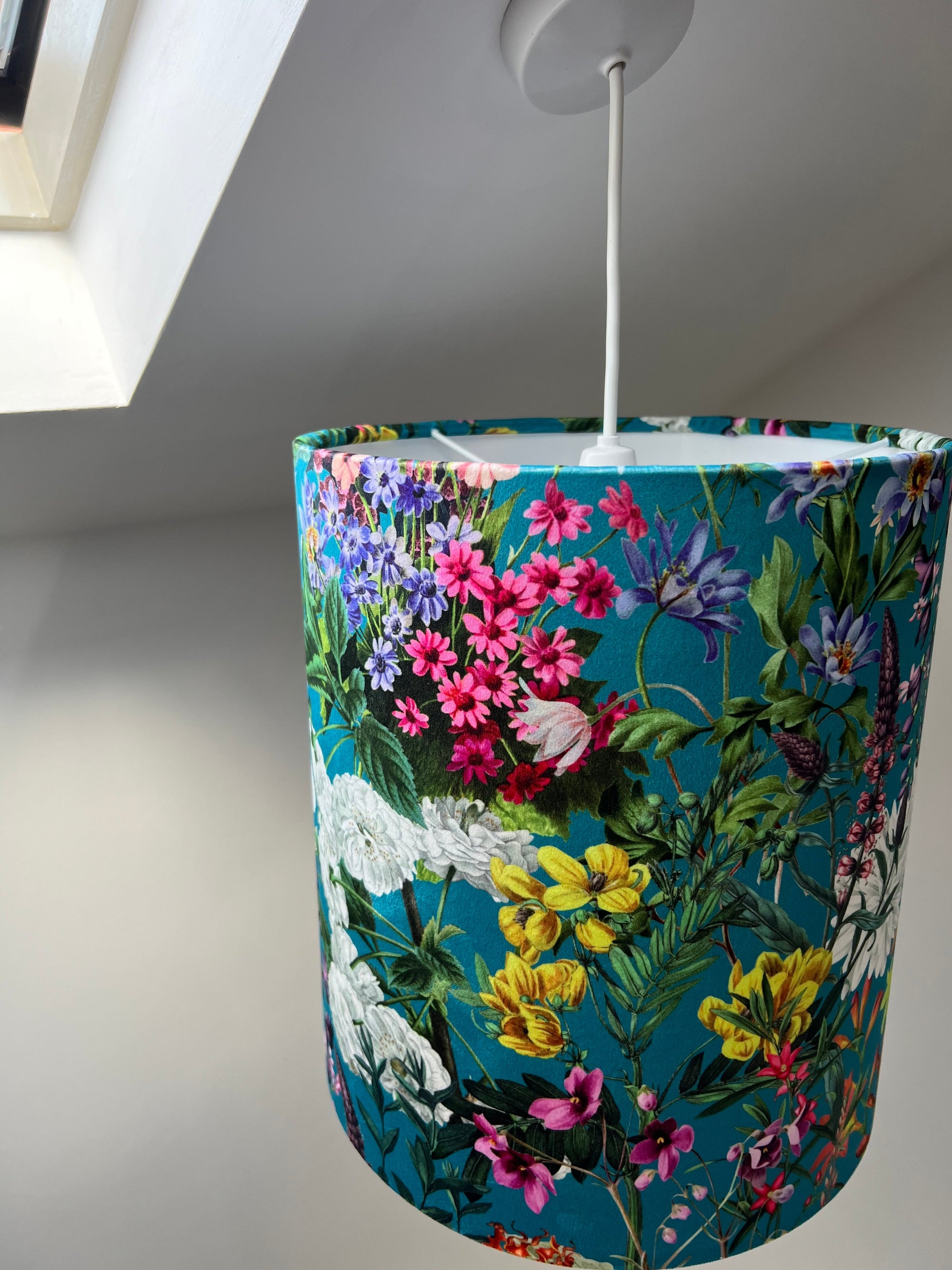Teal flowers velvet drum lampshade / ceiling shade, with a white lining
