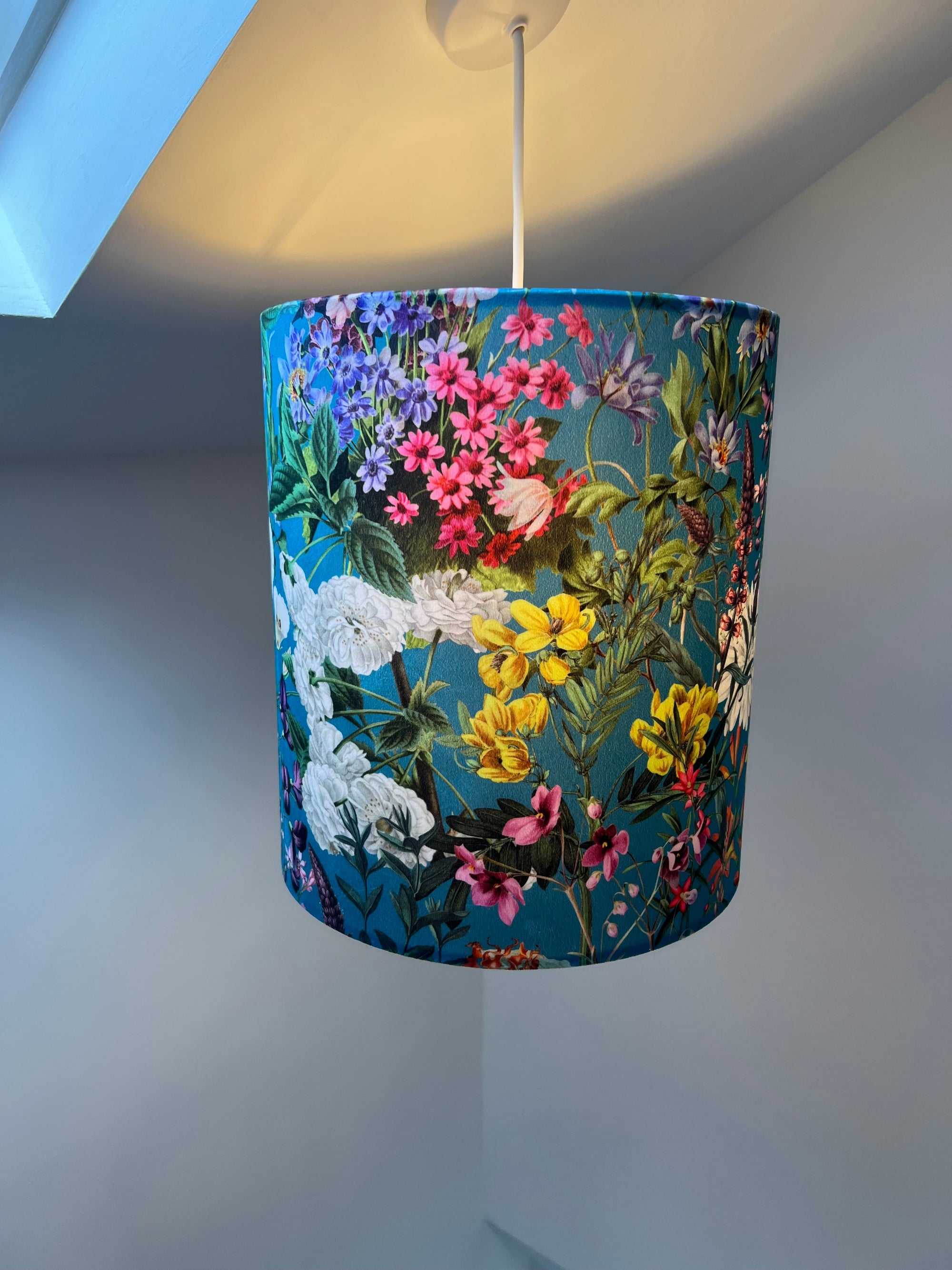 Teal flowers velvet drum lampshade / ceiling shade, with a white lining