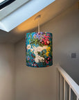 Teal flowers velvet drum lampshade / ceiling shade, with a white lining
