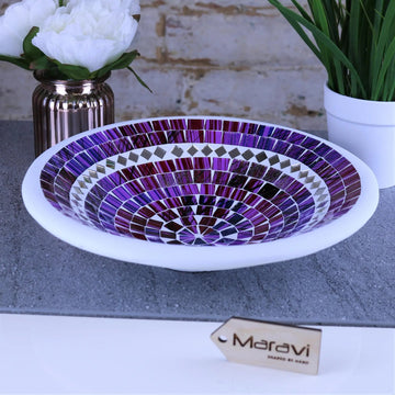 Luxury Natas Mosaic Bowl 28cm, Handcrafted Purple Glass Mosaic Design, Premium Clay Decorative Centerpiece by Maravi at brixbailey.com