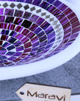 Luxury handcrafted Natas mosaic bowl, 28cm purple glass design on white clay, stylish decorative centerpiece by Maravi at brixbailey.com