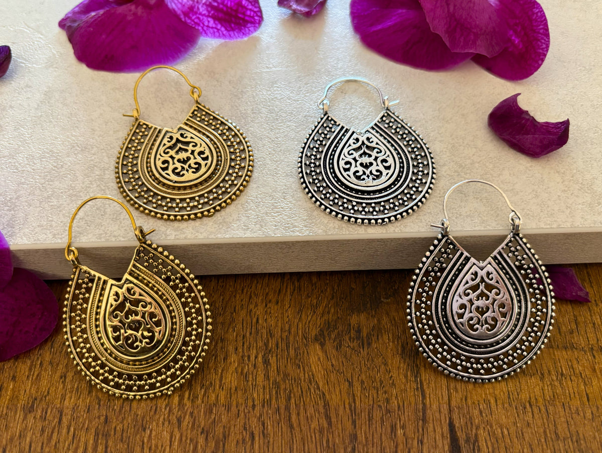 Bohemian Filigree Hoop Earrings in Gold &amp; Silver Finish – Ethnic Statement Earrings
