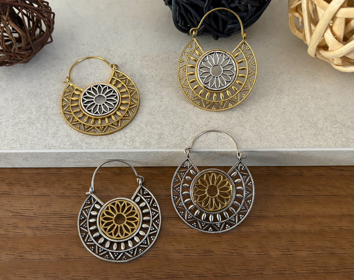 Dual Tone Mandala Brass Earrings – Boho Geometric Statement Earrings