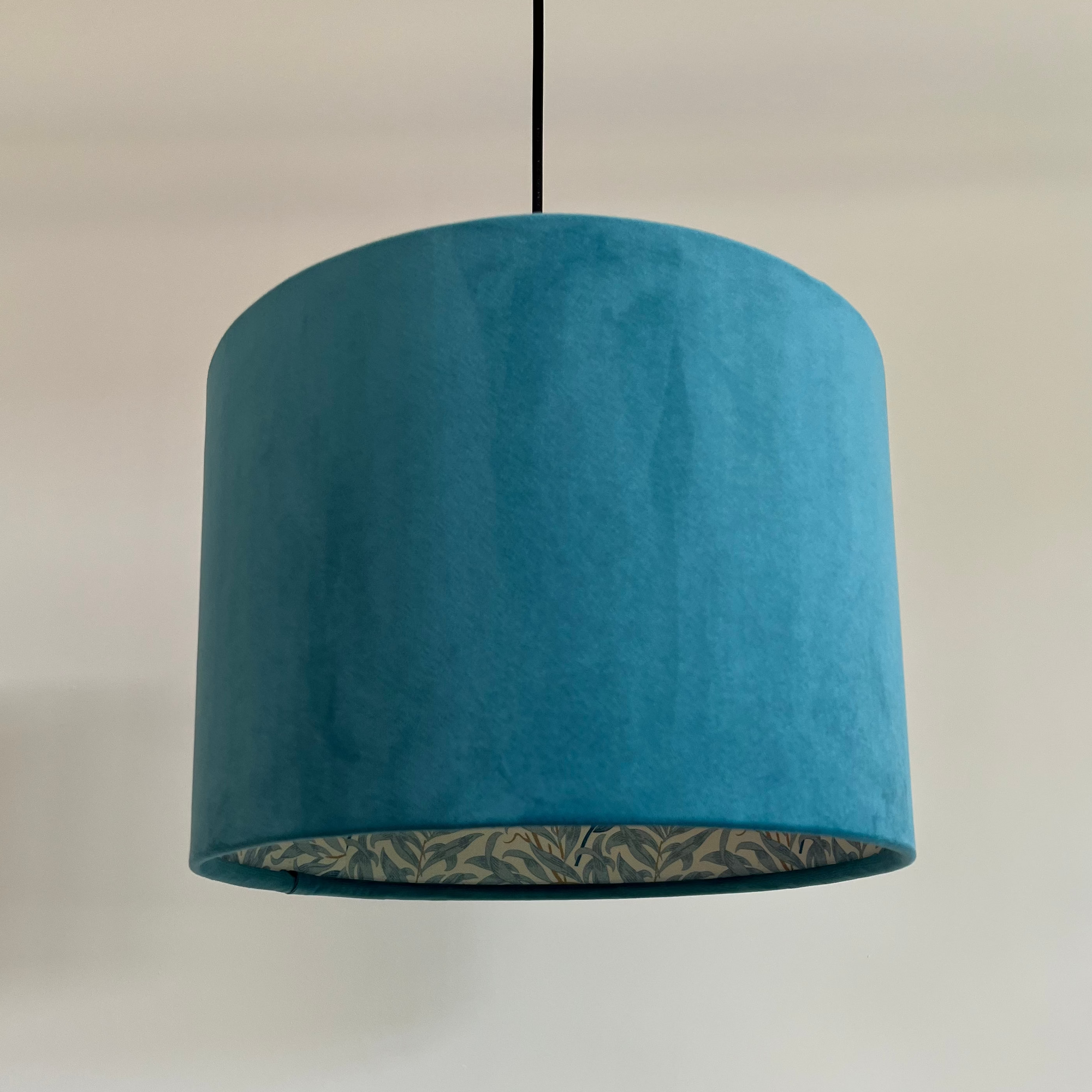 Teal Velvet &amp; William Morris Blue Willow Leaves Double Sided Drum Lampshade | Handmade Ceiling Light Shade | Bespoke UK