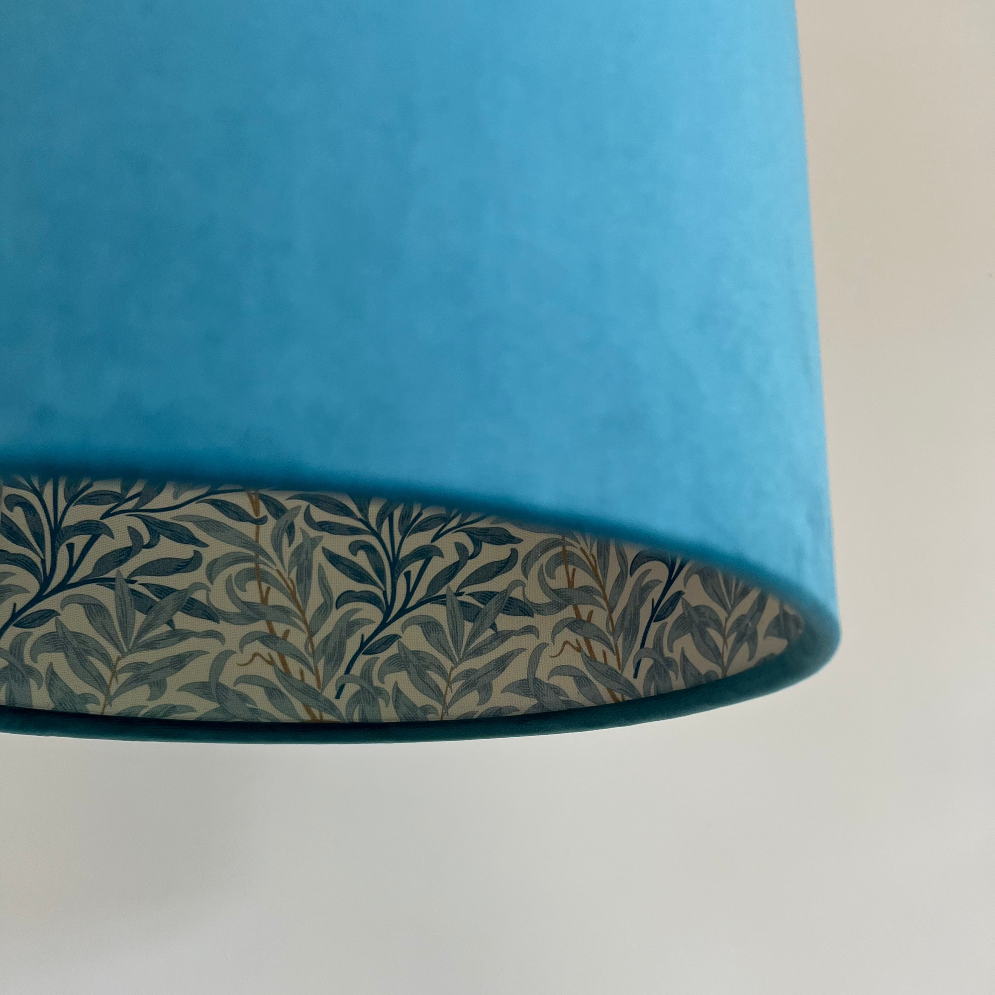 Teal Velvet &amp; William Morris Blue Willow Leaves Double Sided Drum Lampshade | Handmade Ceiling Light Shade | Bespoke UK