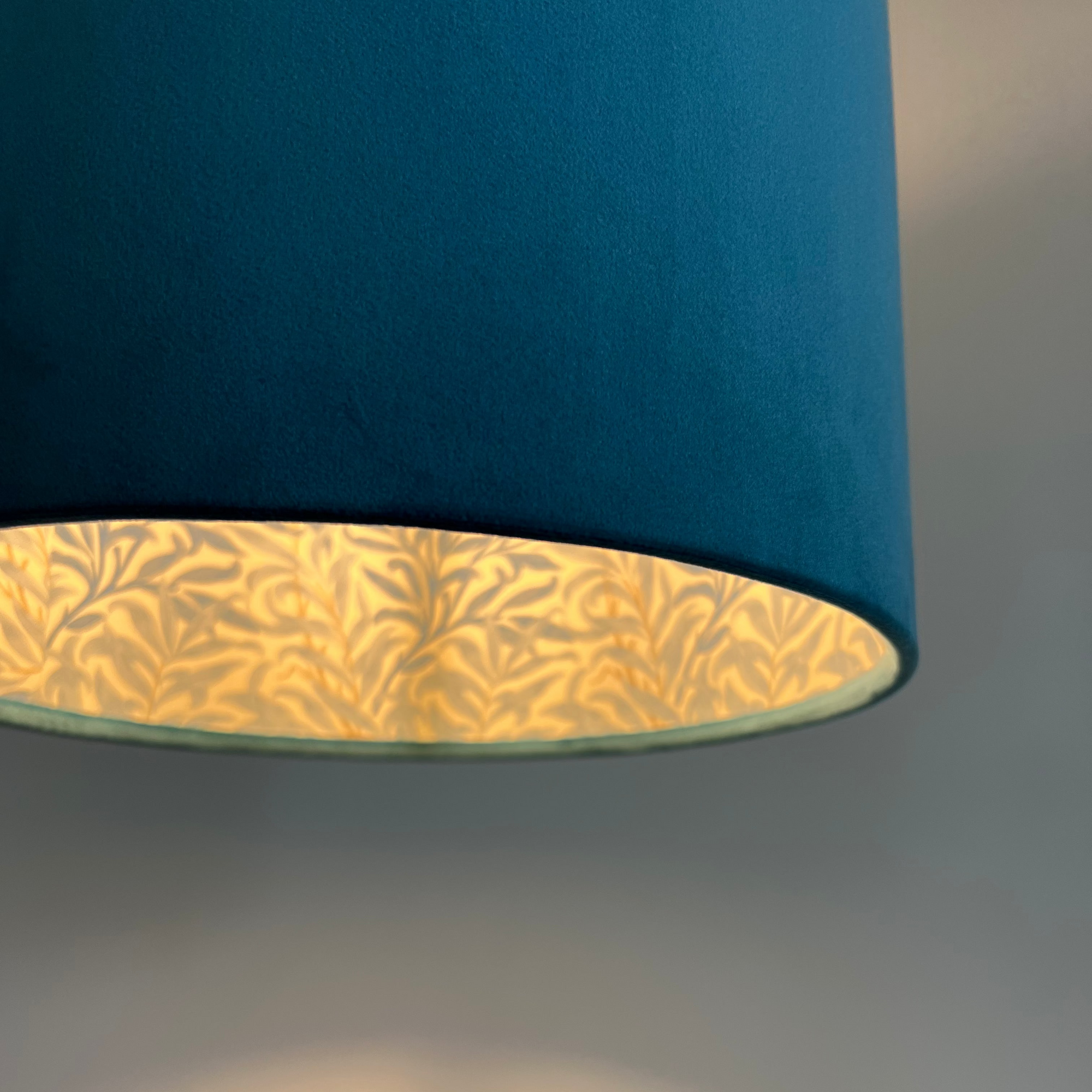 Teal Velvet &amp; William Morris Blue Willow Leaves Double Sided Drum Lampshade | Handmade Ceiling Light Shade | Bespoke UK