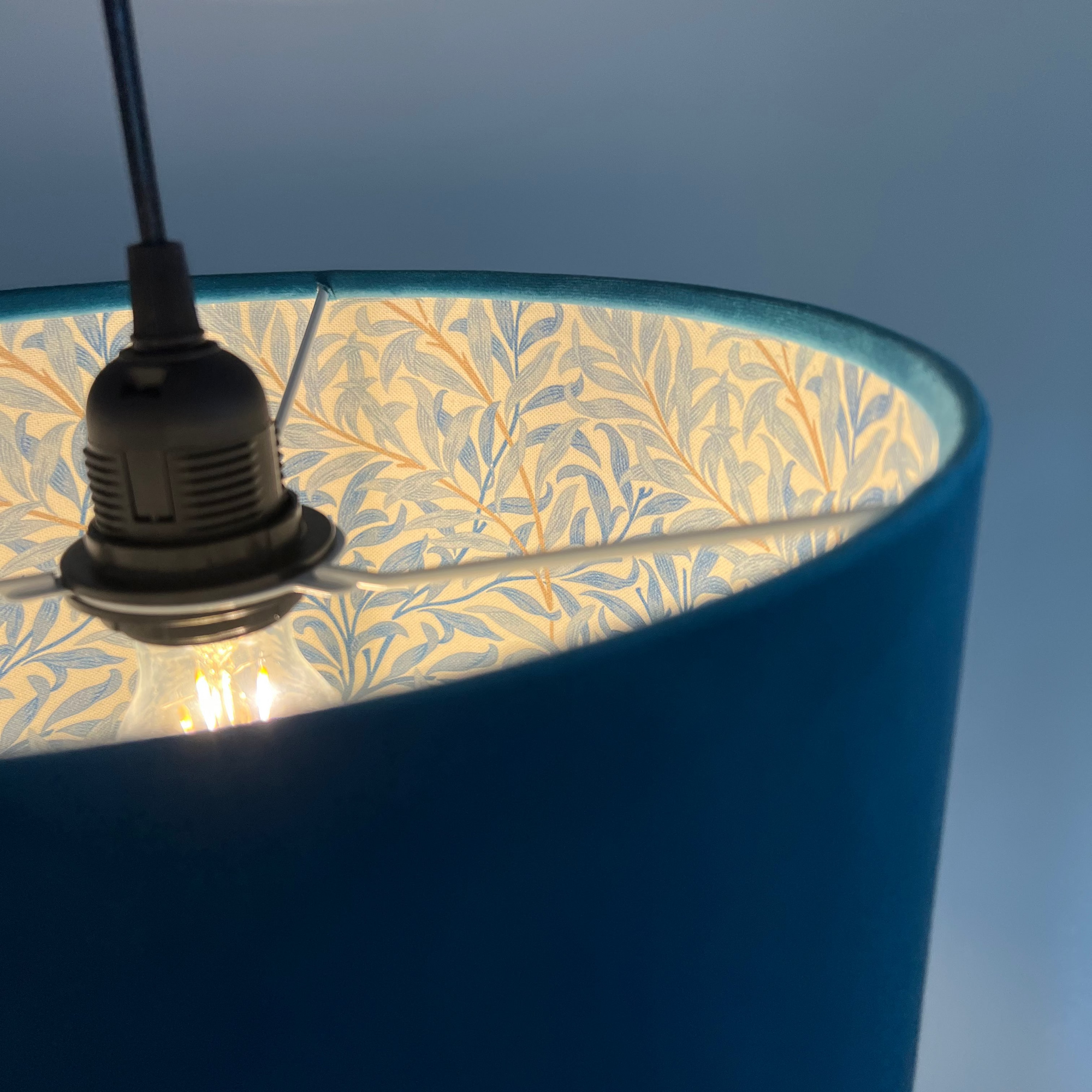 Teal Velvet &amp; William Morris Blue Willow Leaves Double Sided Drum Lampshade | Handmade Ceiling Light Shade | Bespoke UK
