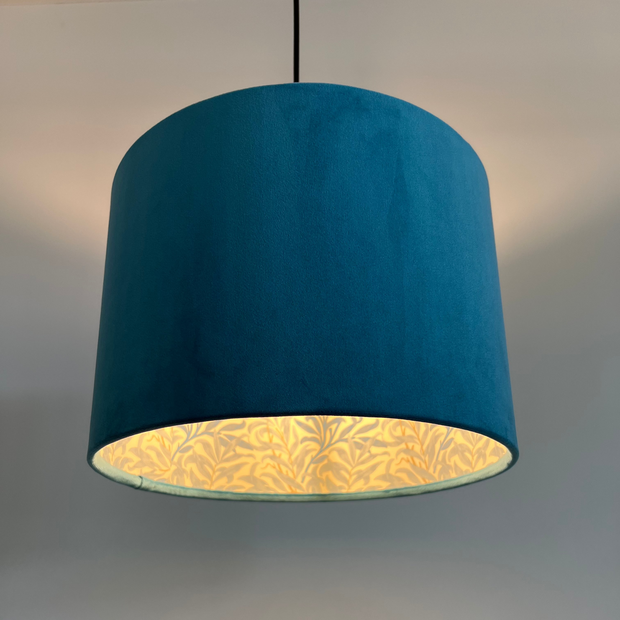 Teal Velvet &amp; William Morris Blue Willow Leaves Double Sided Drum Lampshade | Handmade Ceiling Light Shade | Bespoke UK