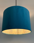 Teal Velvet & William Morris Blue Willow Leaves Double Sided Drum Lampshade | Handmade Ceiling Light Shade | Bespoke UK