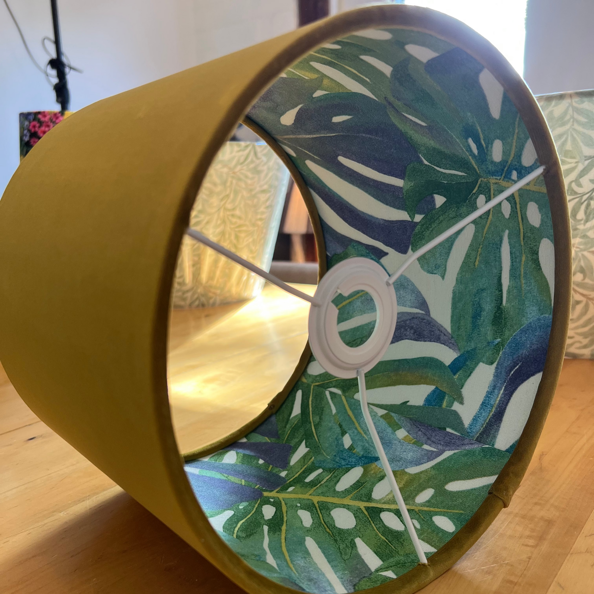 Mustard Velvet &amp; Leaves Double Sided Drum Lampshade | Handmade Ceiling Light Shade | Bespoke UK