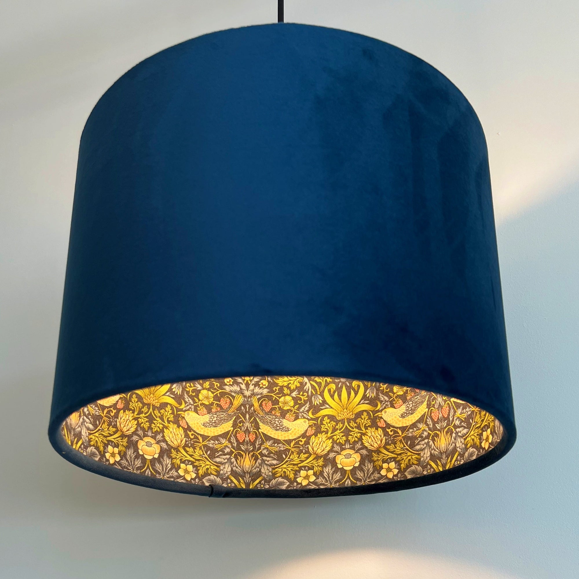 Navy Velvet &amp; Navy Strawberry Thief Double Sided Drum Lampshade | Handmade Ceiling Light Shade | Bespoke UK
