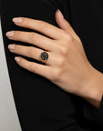 Dance of Stamens Medium Ring, Gold Plate Hollow Bezel with Black Spinel
