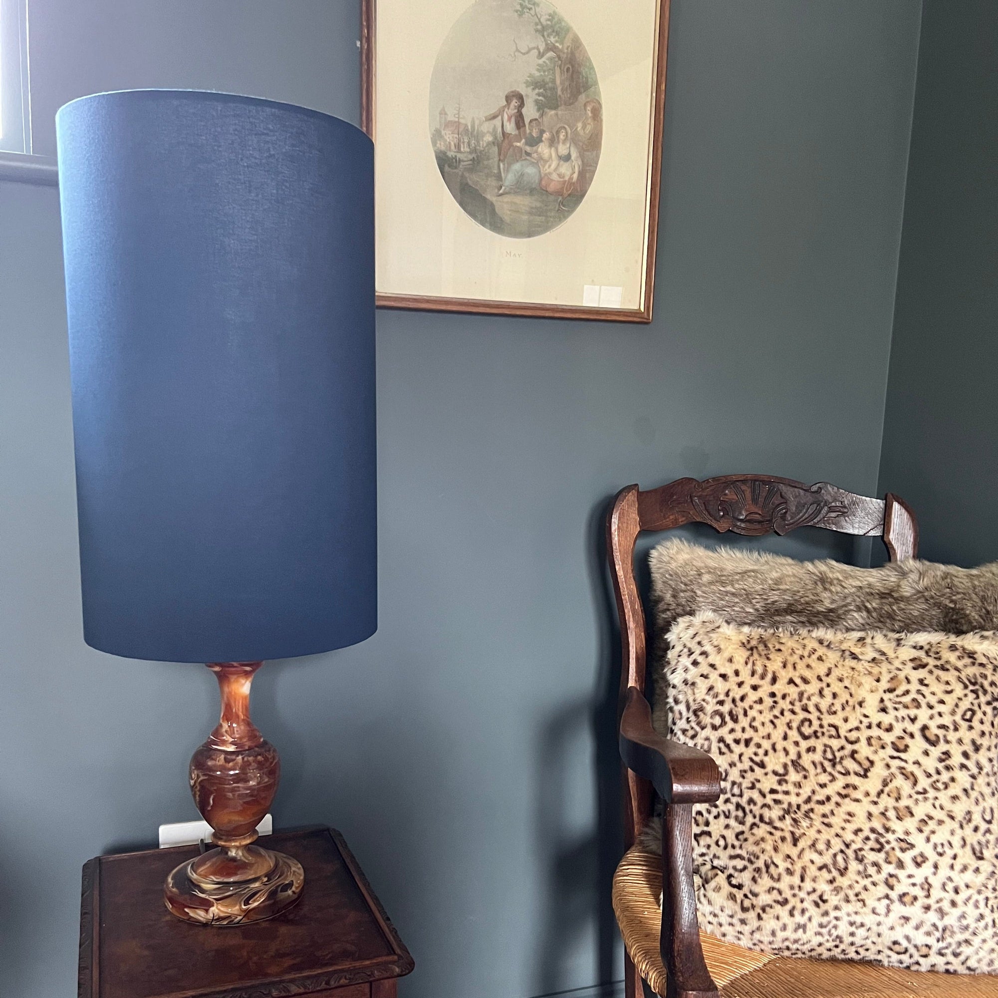 Navy Cotton Lampshade | Extra Tall Cylinder Ceiling Light Shade | Bespoke Handmade UK