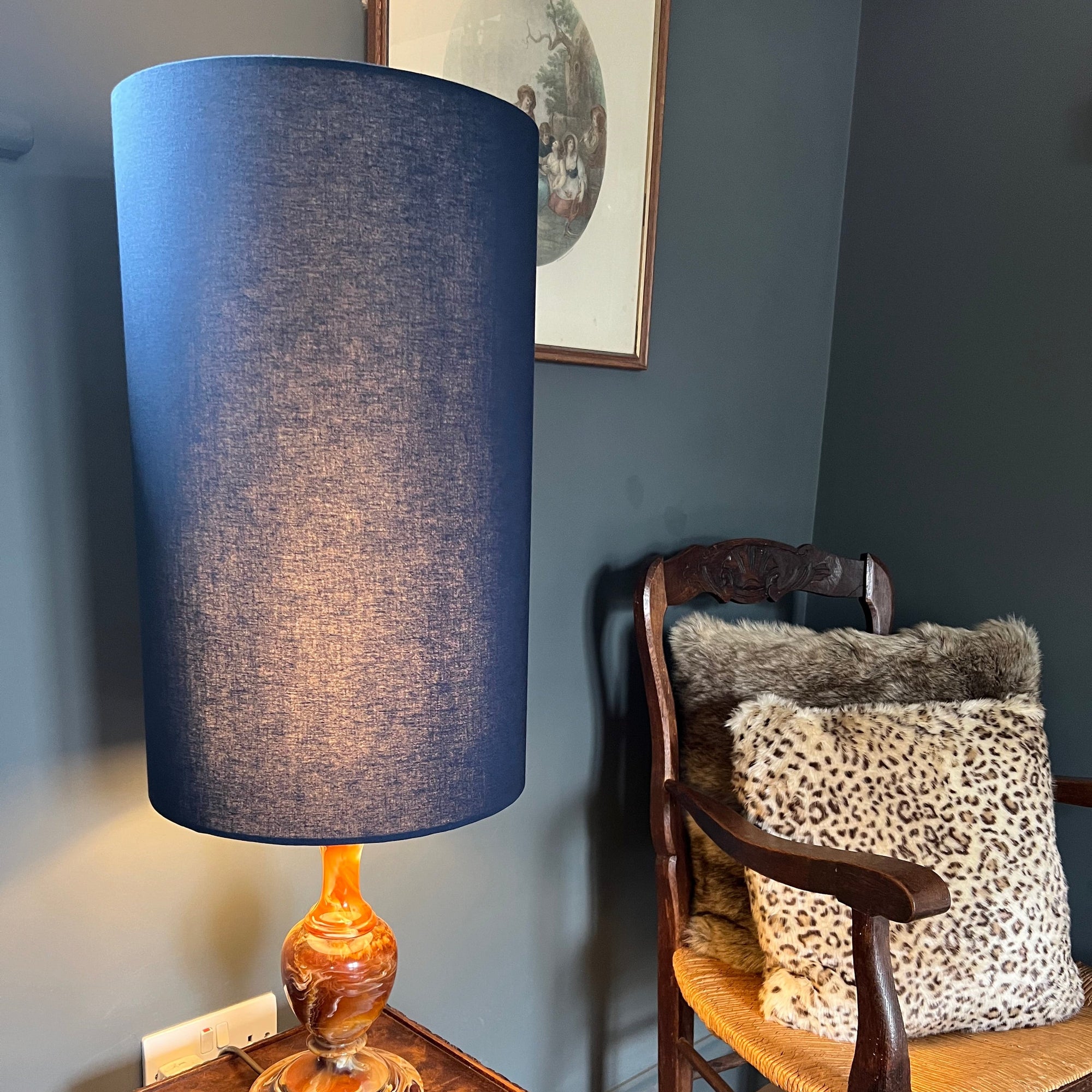 Navy Cotton Lampshade | Extra Tall Cylinder Ceiling Light Shade | Bespoke Handmade UK