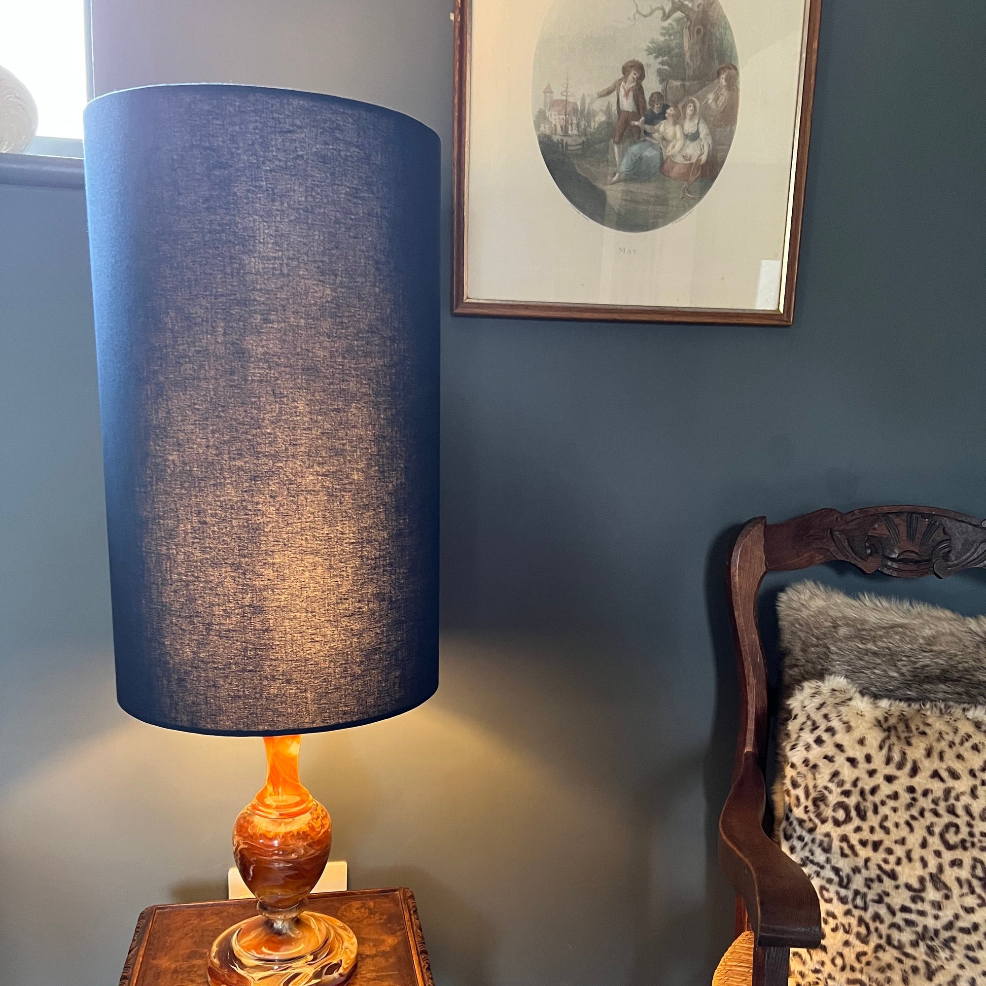 Navy Cotton Lampshade | Extra Tall Cylinder Ceiling Light Shade | Bespoke Handmade UK