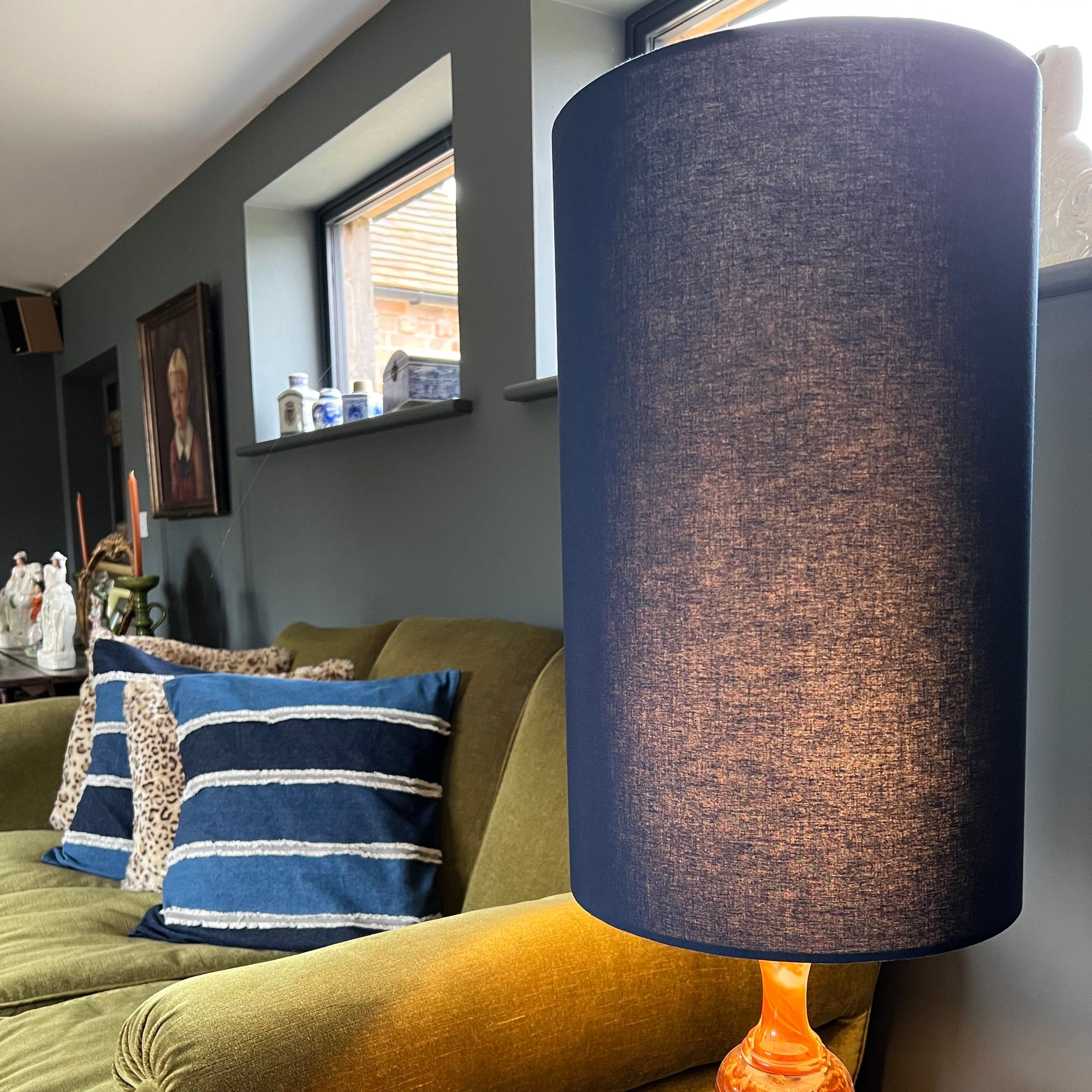 Navy Cotton Lampshade | Extra Tall Cylinder Ceiling Light Shade | Bespoke Handmade UK