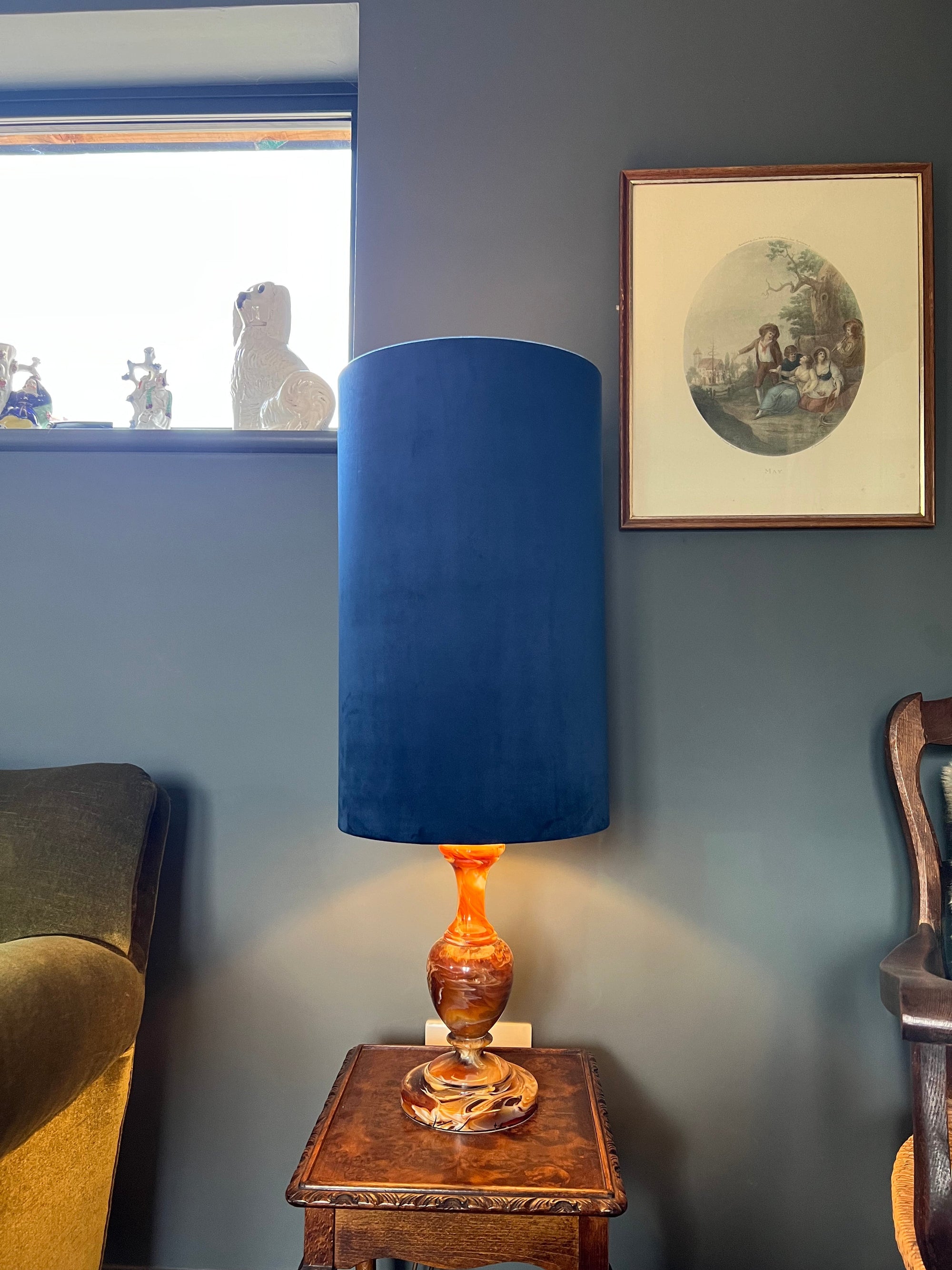 Navy Velvet cylinder lampshade, extra tall lampshade
