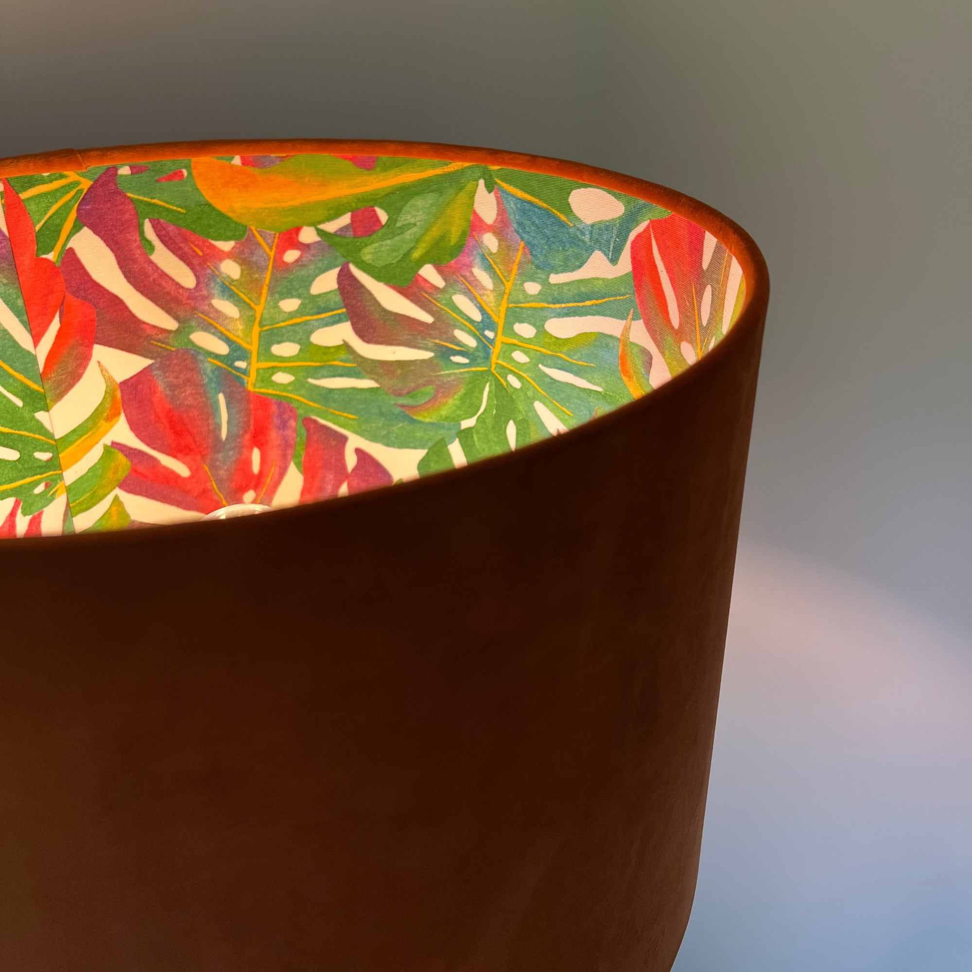 Burnt Orange Velvet &amp; Multicoloured Leaves Double Sided Drum Lampshade | Handmade Ceiling Light Shade | Bespoke UK