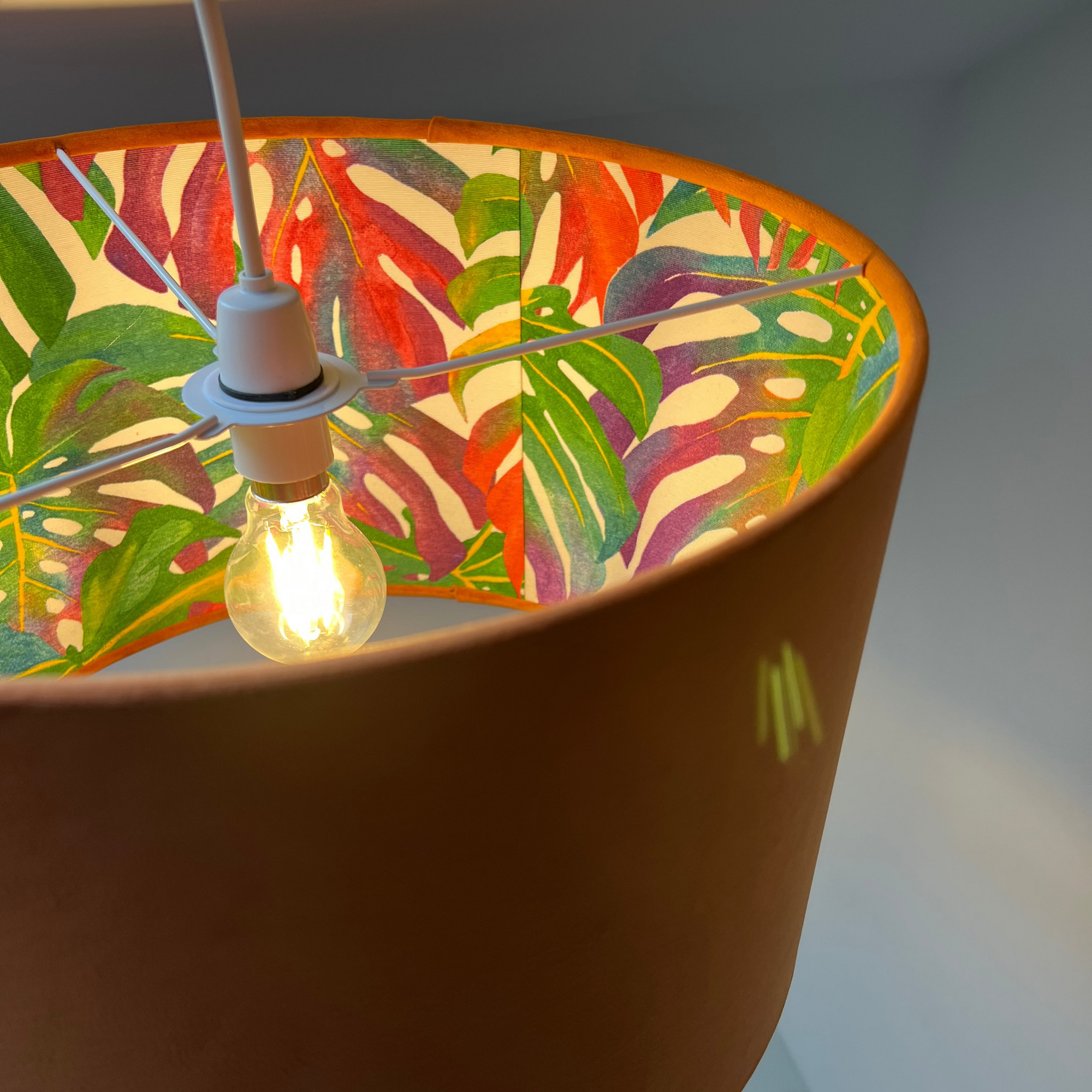 Burnt Orange Velvet &amp; Multicoloured Leaves Double Sided Drum Lampshade | Handmade Ceiling Light Shade | Bespoke UK