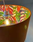 Burnt Orange Velvet & Multicoloured Leaves Double Sided Drum Lampshade | Handmade Ceiling Light Shade | Bespoke UK