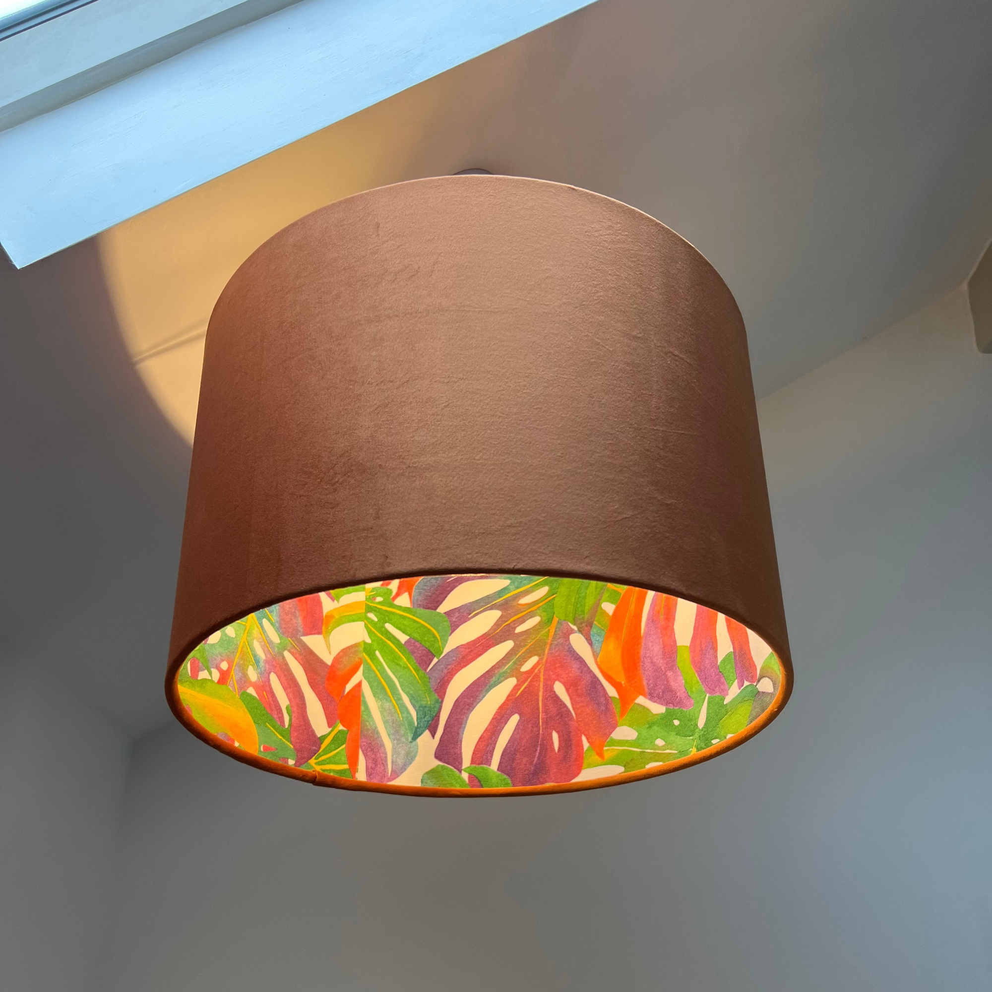 Velvet &amp; Multicoloured Leaves Double Sided Drum Lampshade | Handmade Ceiling Light Shade | Bespoke UK