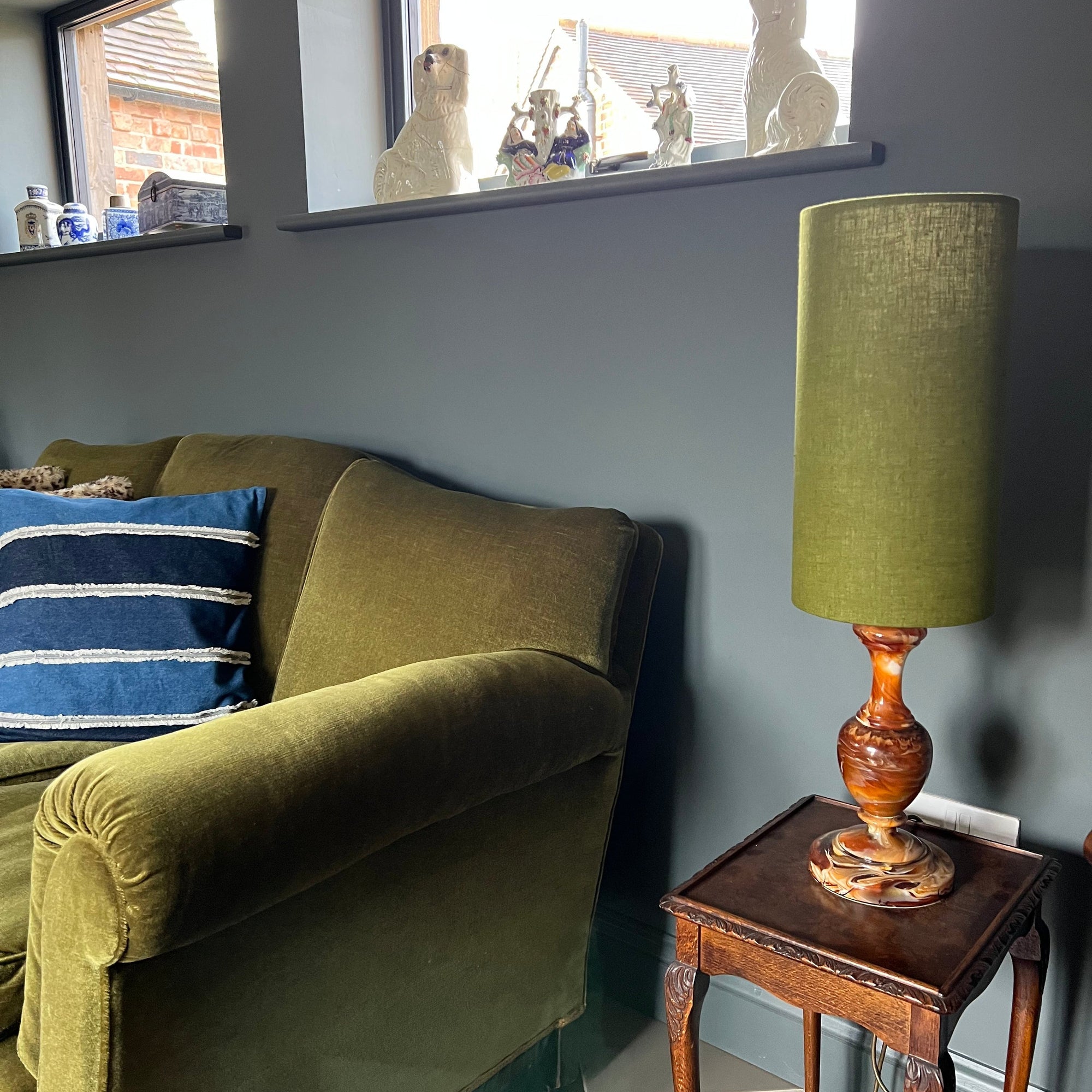 Olive Linen Lampshade | Extra Tall Cylinder Ceiling Light Shade | Bespoke Handmade UK