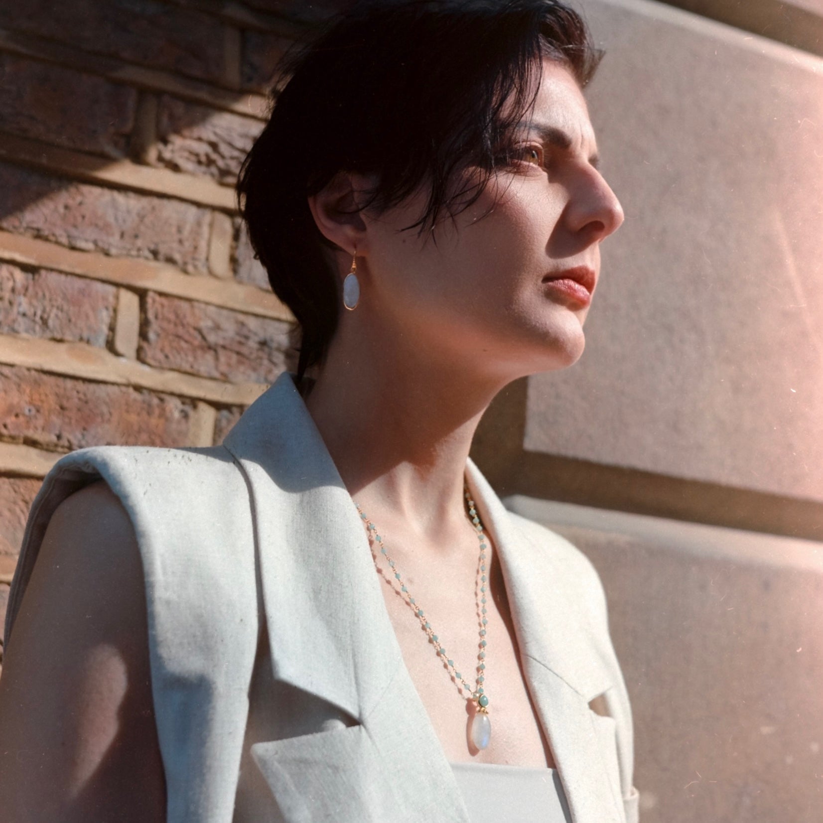 Persephone Double Gemstone Beaded Chain Necklace in Moonstone and Amazonite