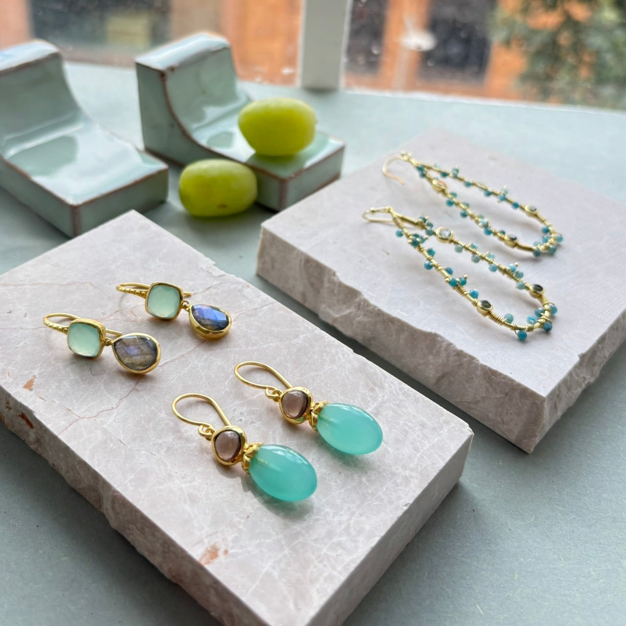 Persephone Double Gemstone Earrings Pariba Onyx and Smoky Quartz