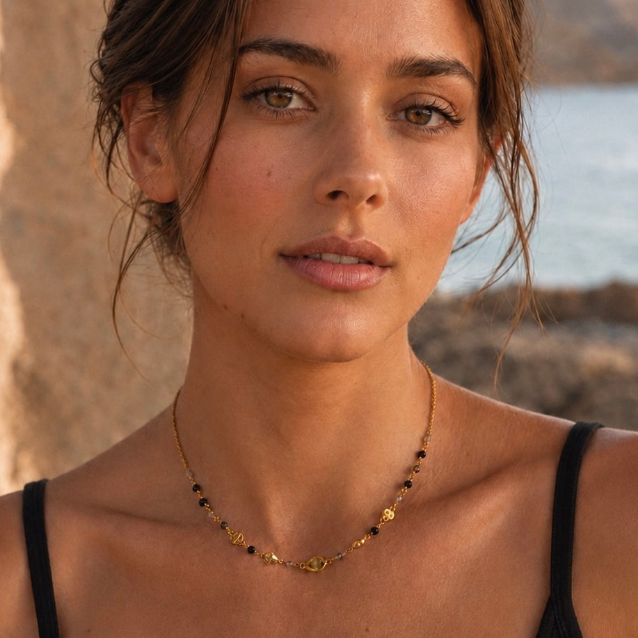 Sofia Nugget Necklace Black Onyx, Smoky Quartz &amp; Labradorite