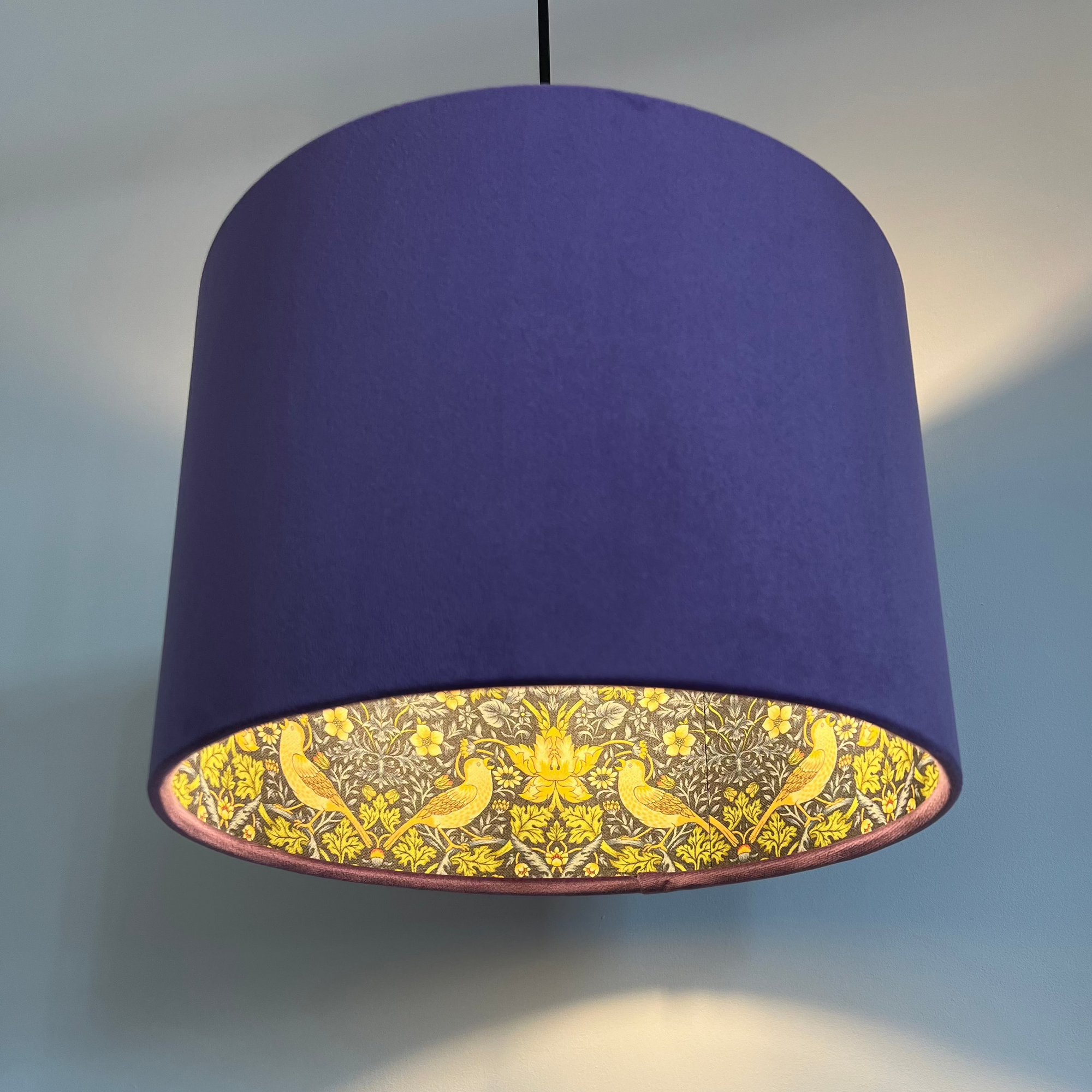 Purple Velvet &amp; Navy Strawberry Thief Double Sided Drum Lampshade | Handmade Ceiling Light Shade | Bespoke UK