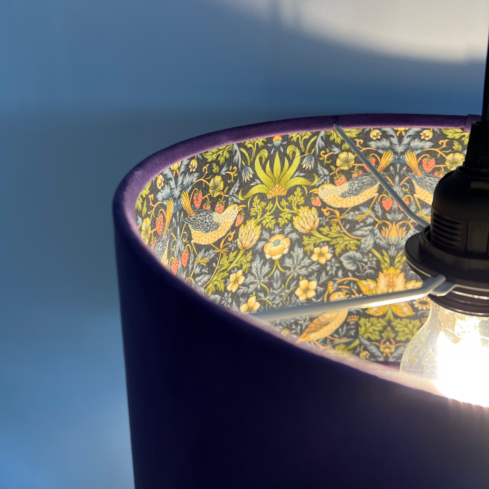 Purple Velvet &amp; Navy Strawberry Thief Double Sided Drum Lampshade | Handmade Ceiling Light Shade | Bespoke UK