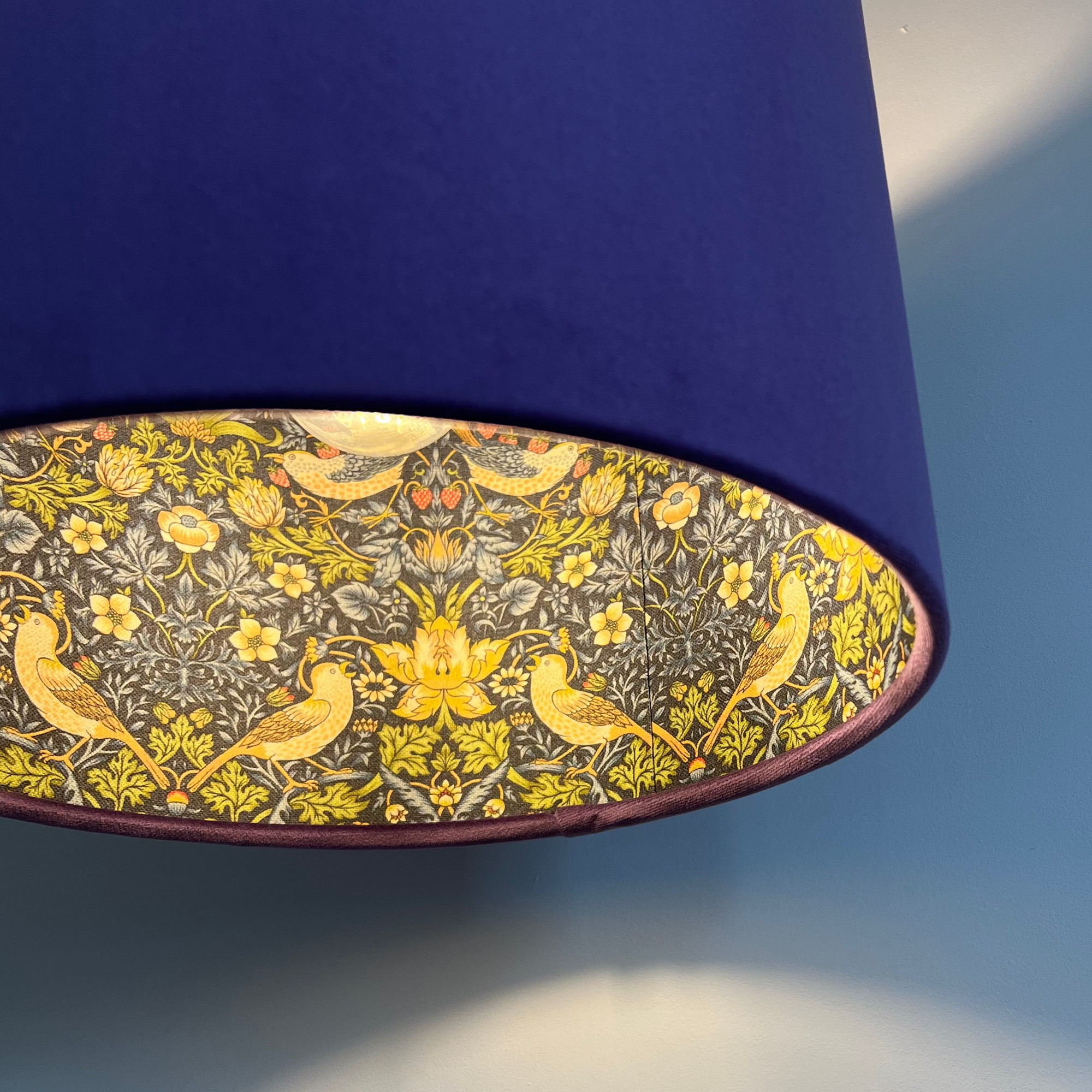 Purple Velvet &amp; Navy Strawberry Thief Double Sided Drum Lampshade | Handmade Ceiling Light Shade | Bespoke UK