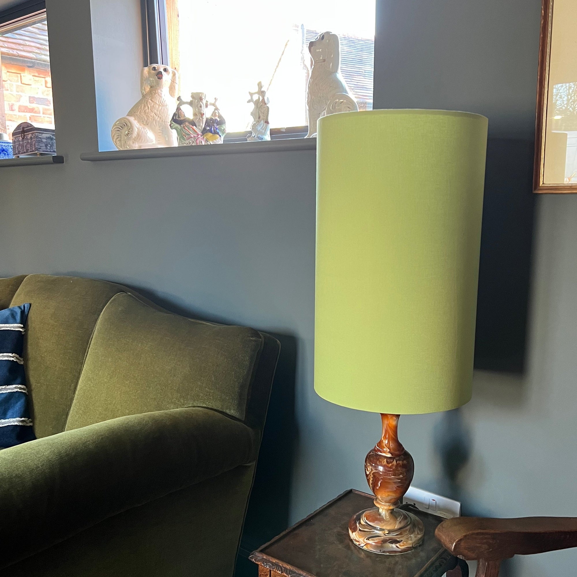 Sage Cotton Lampshade | Extra Tall Cylinder Ceiling Light Shade | Bespoke Handmade UK