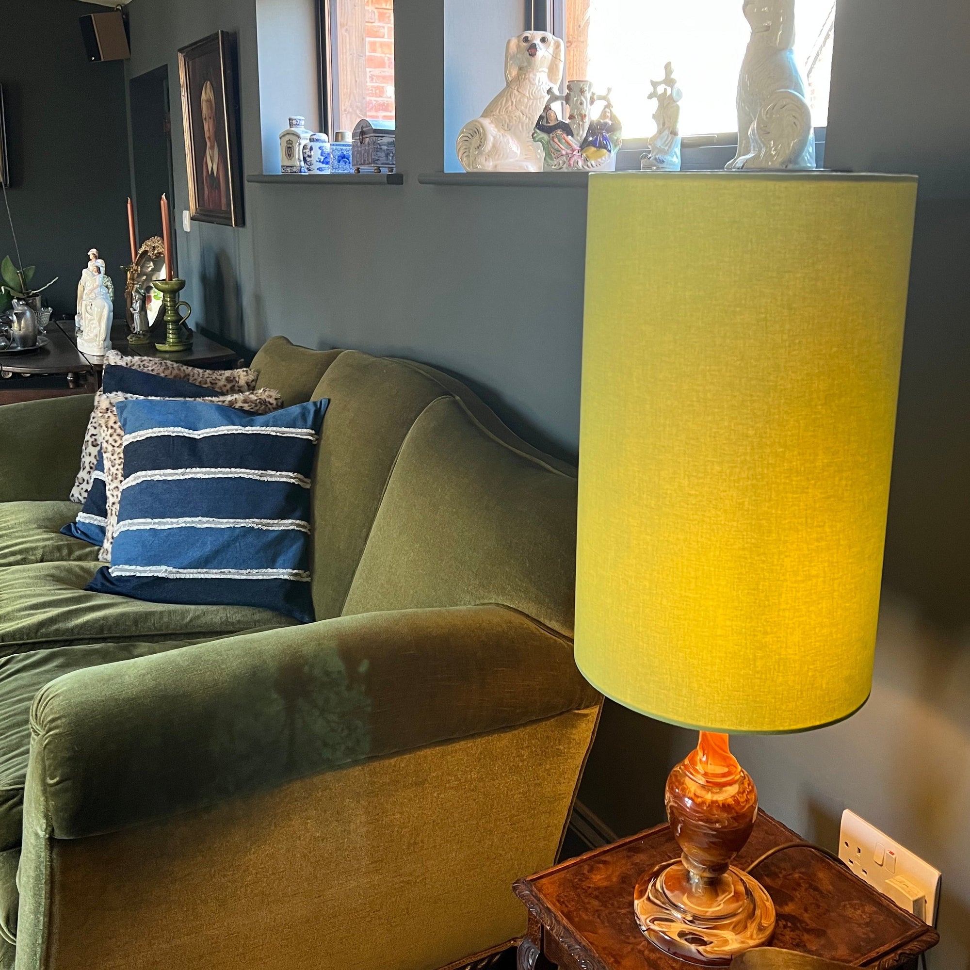 Sage Cotton Lampshade | Extra Tall Cylinder Ceiling Light Shade | Bespoke Handmade UK