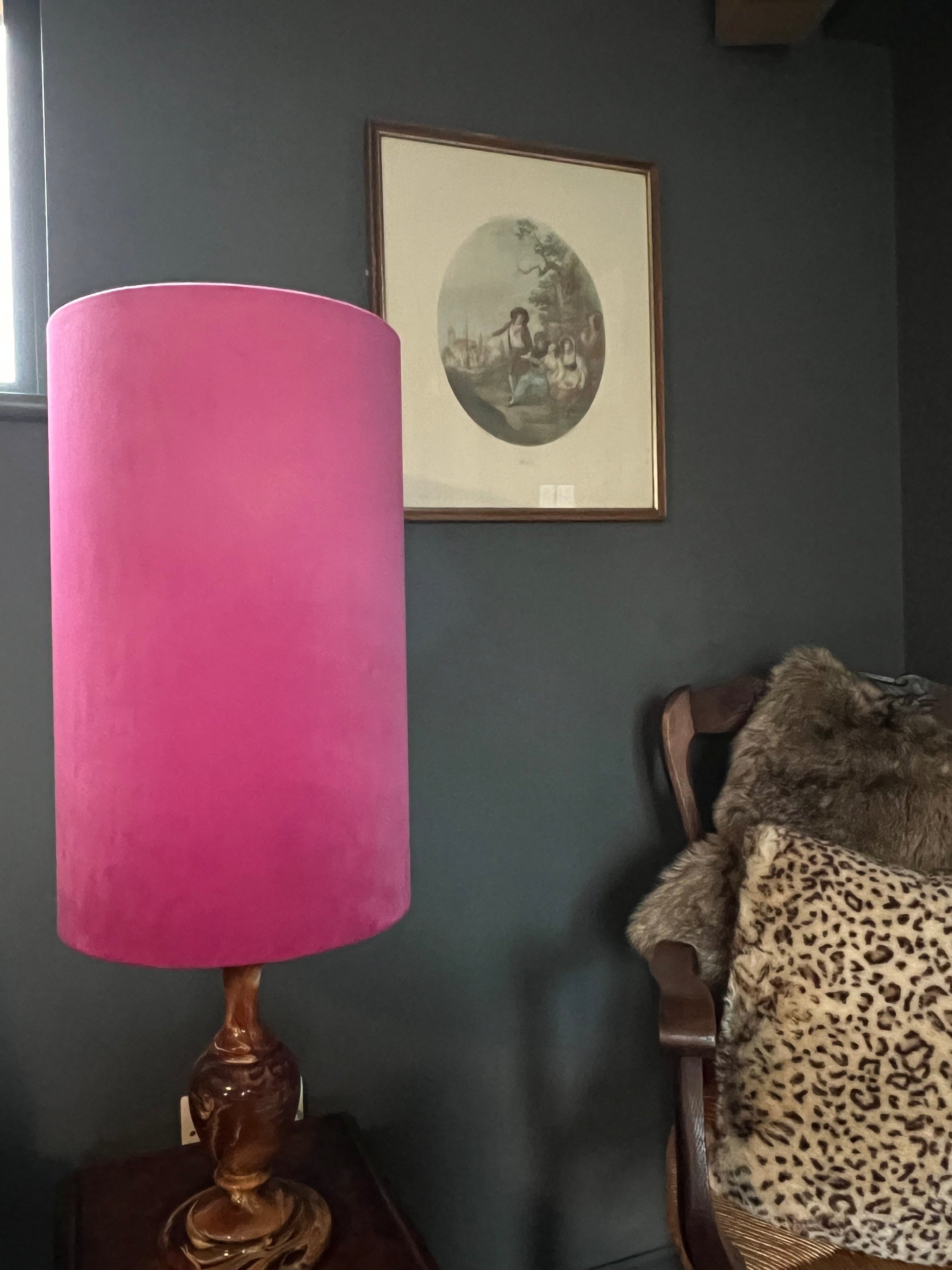 Hot pink velvet cylinder lampshade, extra tall lampshade