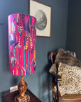 Botanical Cerise pink velvet cylinder lampshade, extra tall lampshade