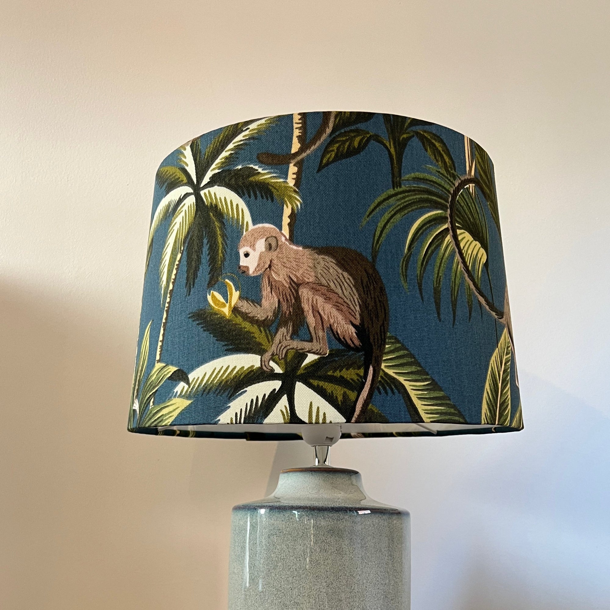 Teal Jungle Monkey Cotton French Drum Lampshade | Handmade Ceiling Light Shade | UK