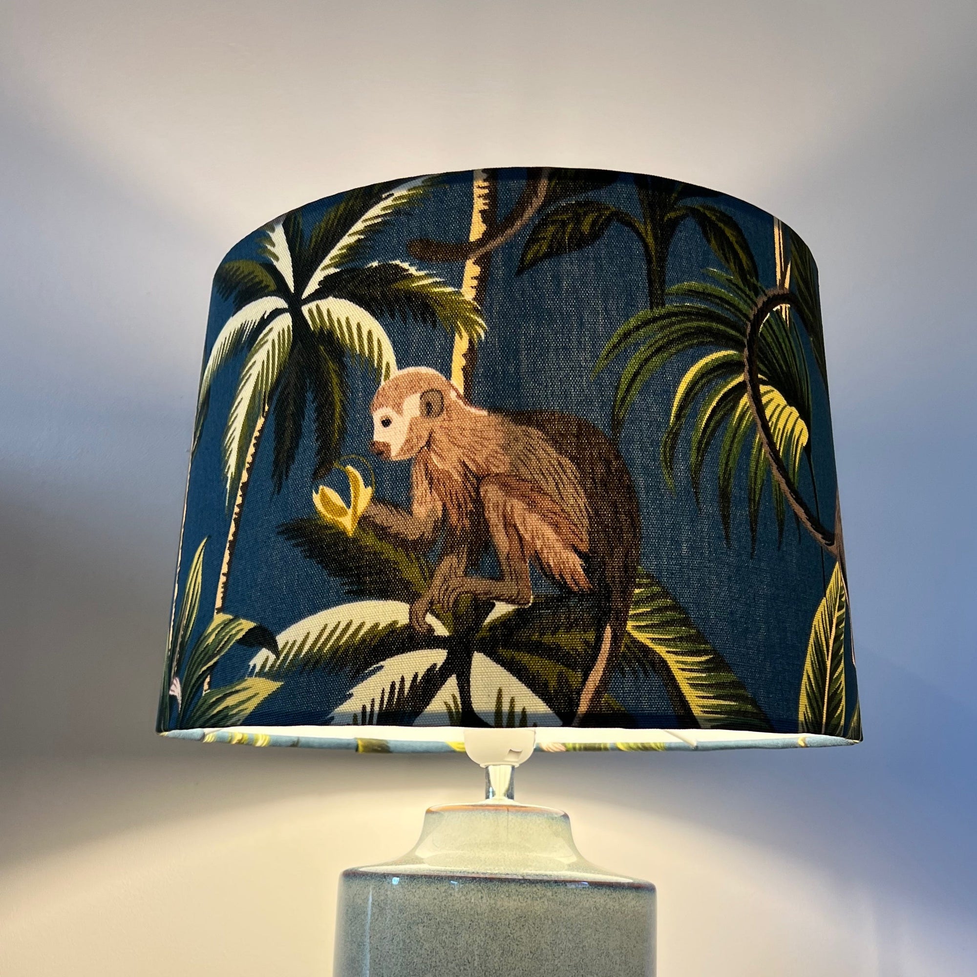 Teal Jungle Monkey Cotton French Drum Lampshade | Handmade Ceiling Light Shade | UK