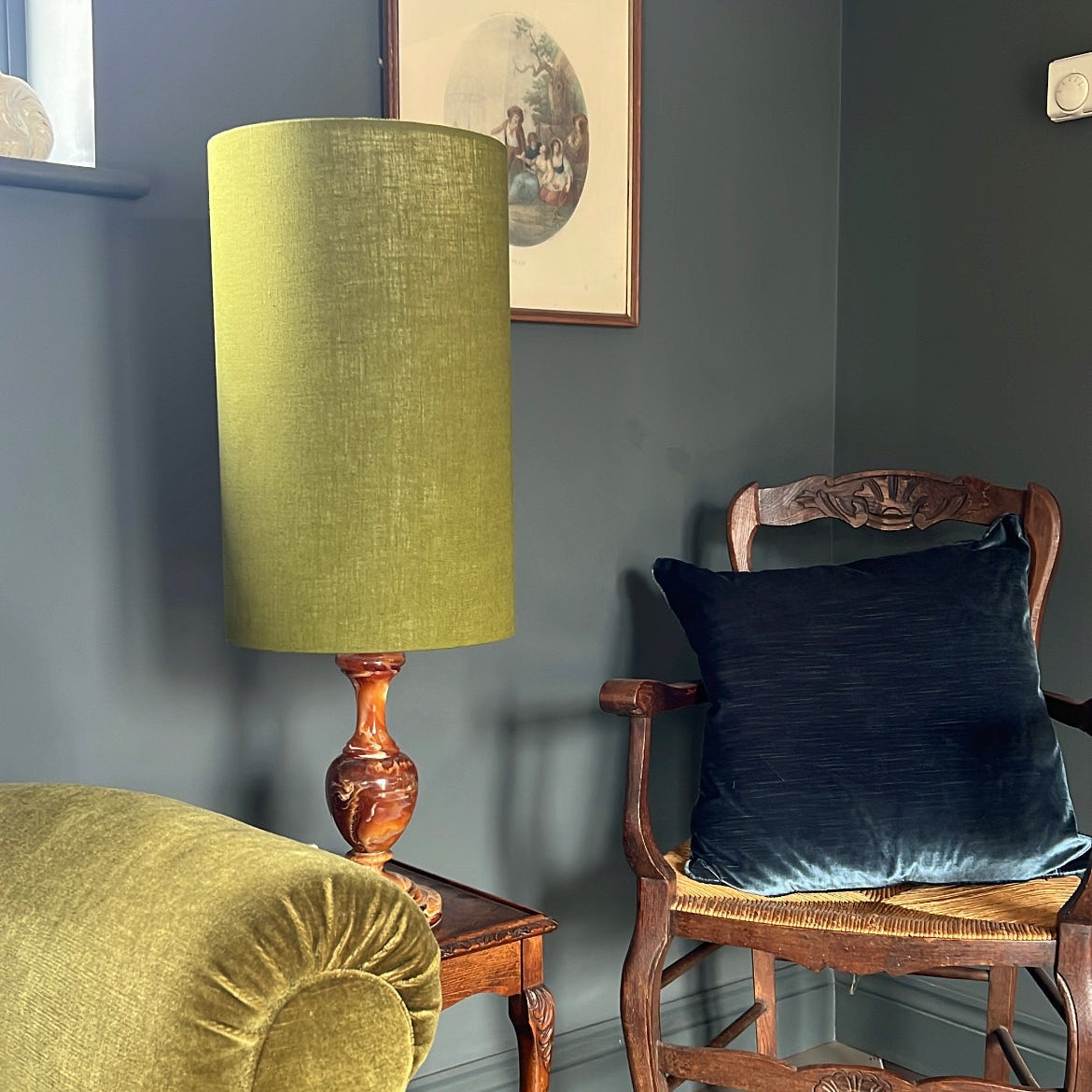 Olive Linen Lampshade | Extra Tall Cylinder Ceiling Light Shade | Bespoke Handmade UK