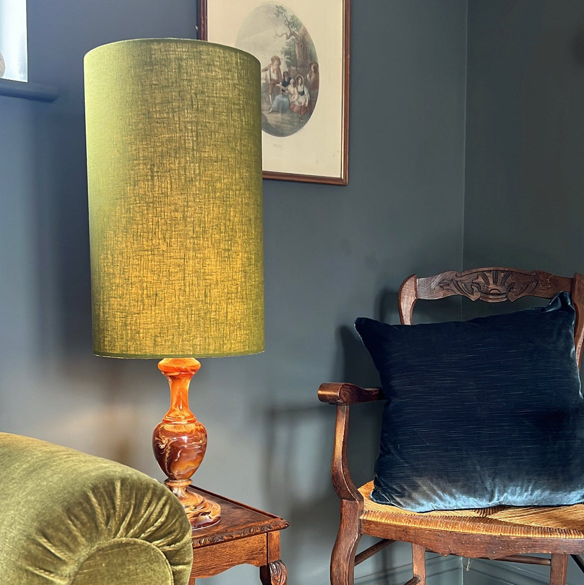 Olive Linen Lampshade | Extra Tall Cylinder Ceiling Light Shade | Bespoke Handmade UK
