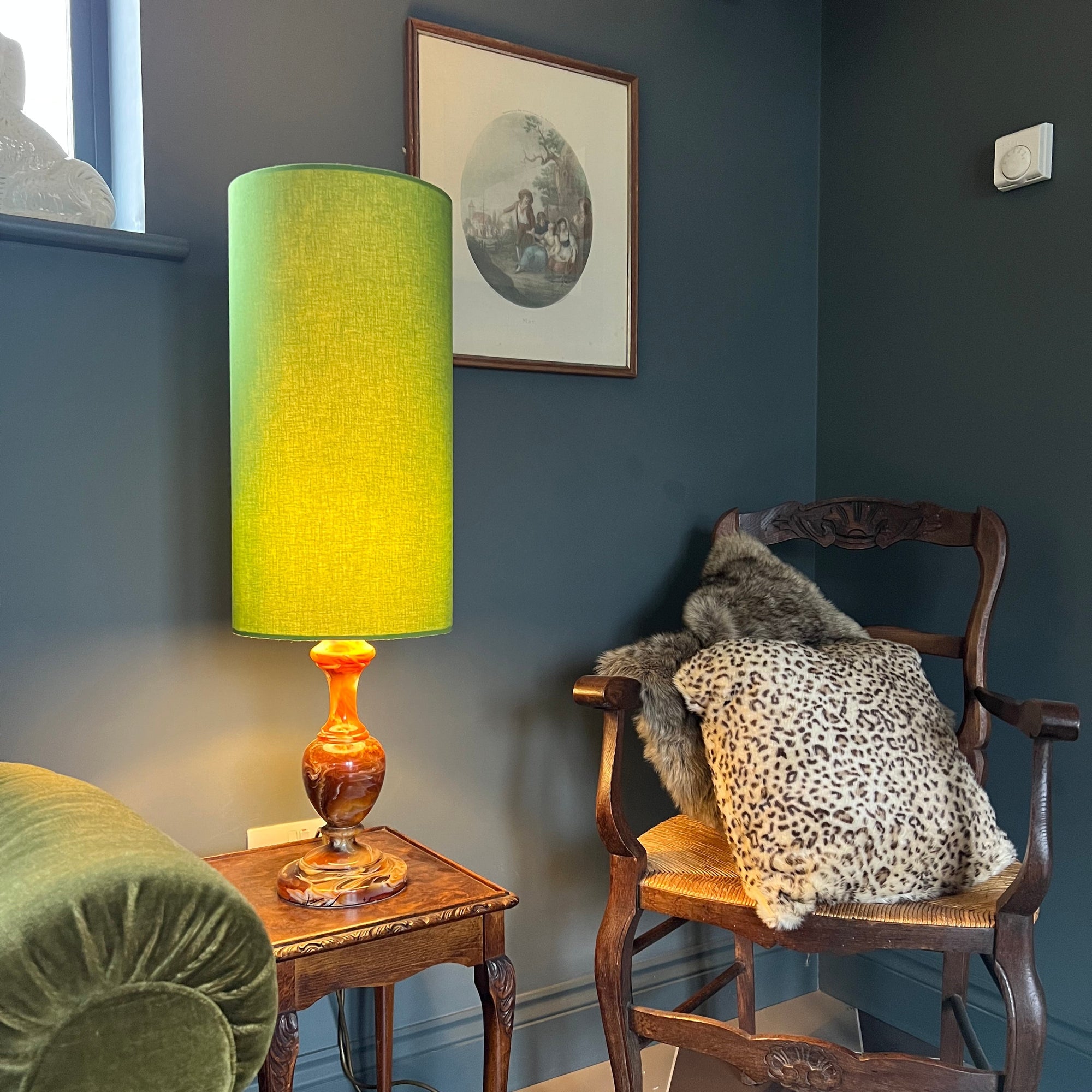 Chartreuse Green Cotton Lampshade | Extra Tall Cylinder Ceiling Light Shade | Bespoke Handmade UK