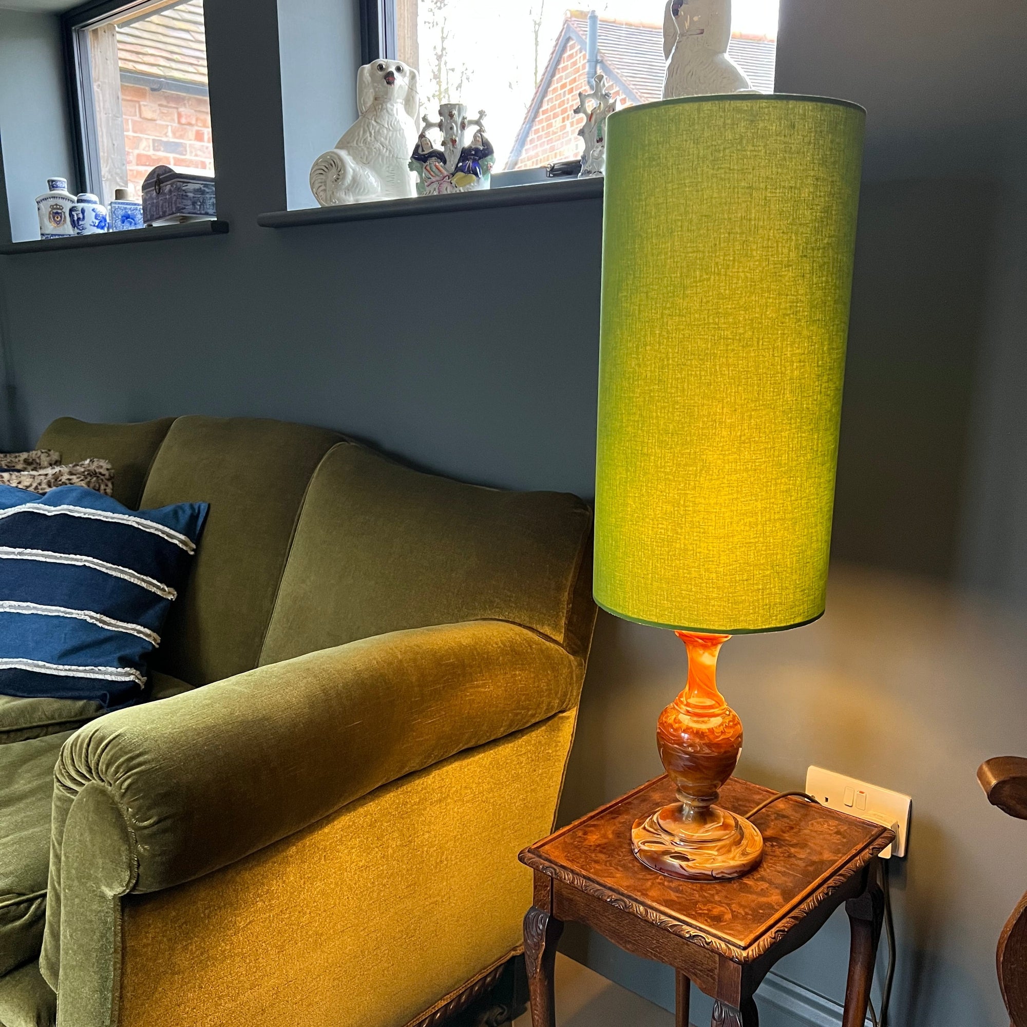 Chartreuse Green Cotton Lampshade | Extra Tall Cylinder Ceiling Light Shade | Bespoke Handmade UK
