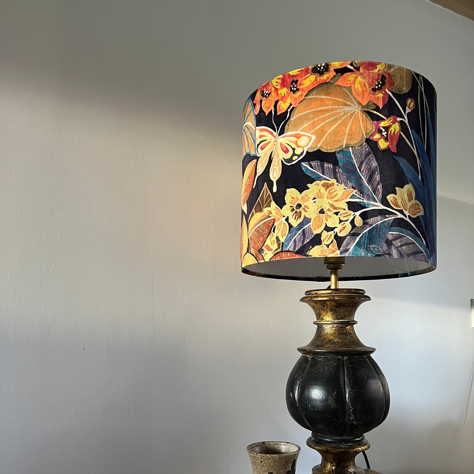 Floral midnight velvet, drum lampshade /ceiling shade with a white lining