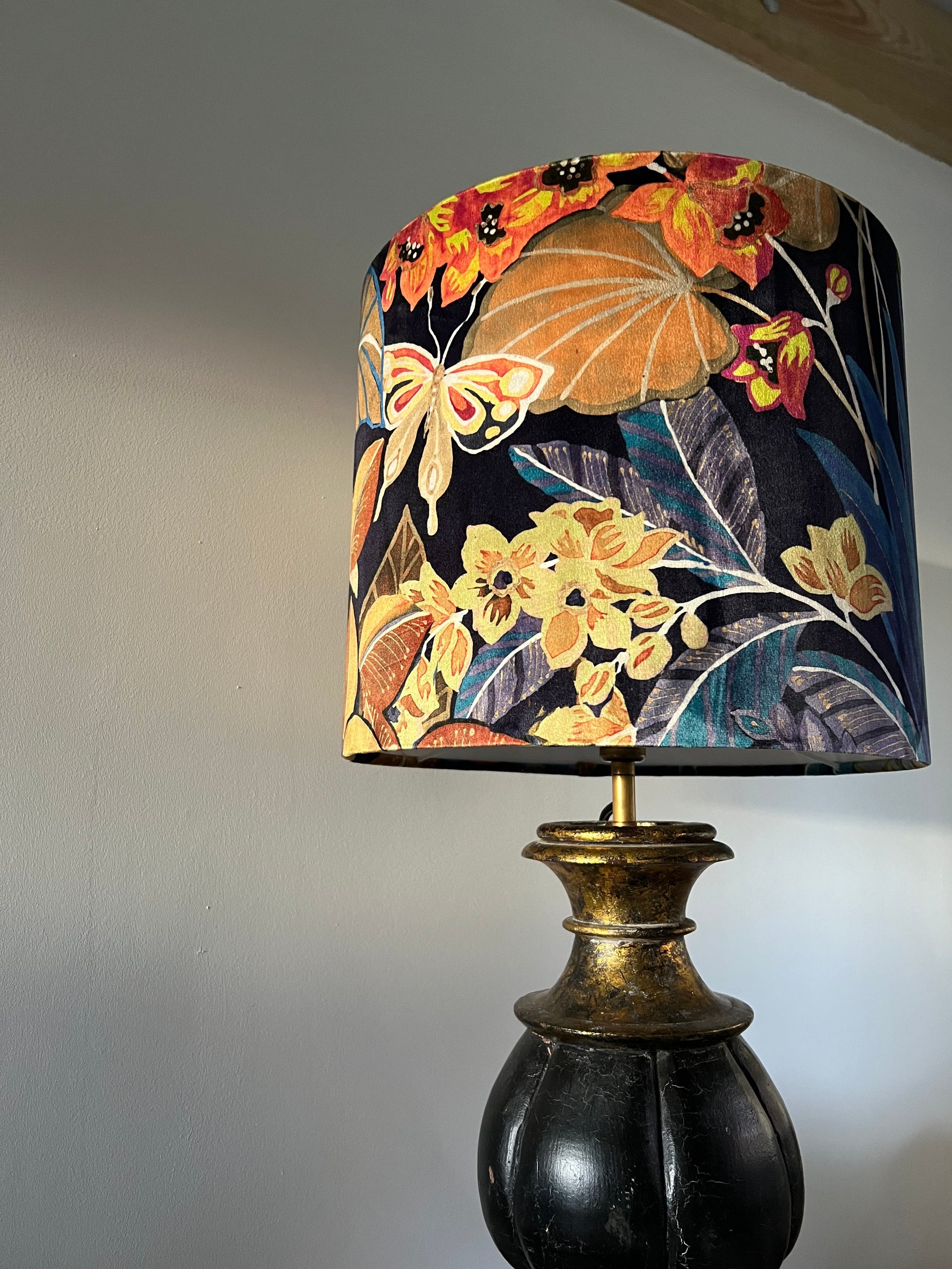 Floral midnight velvet, drum lampshade /ceiling shade with a white lining