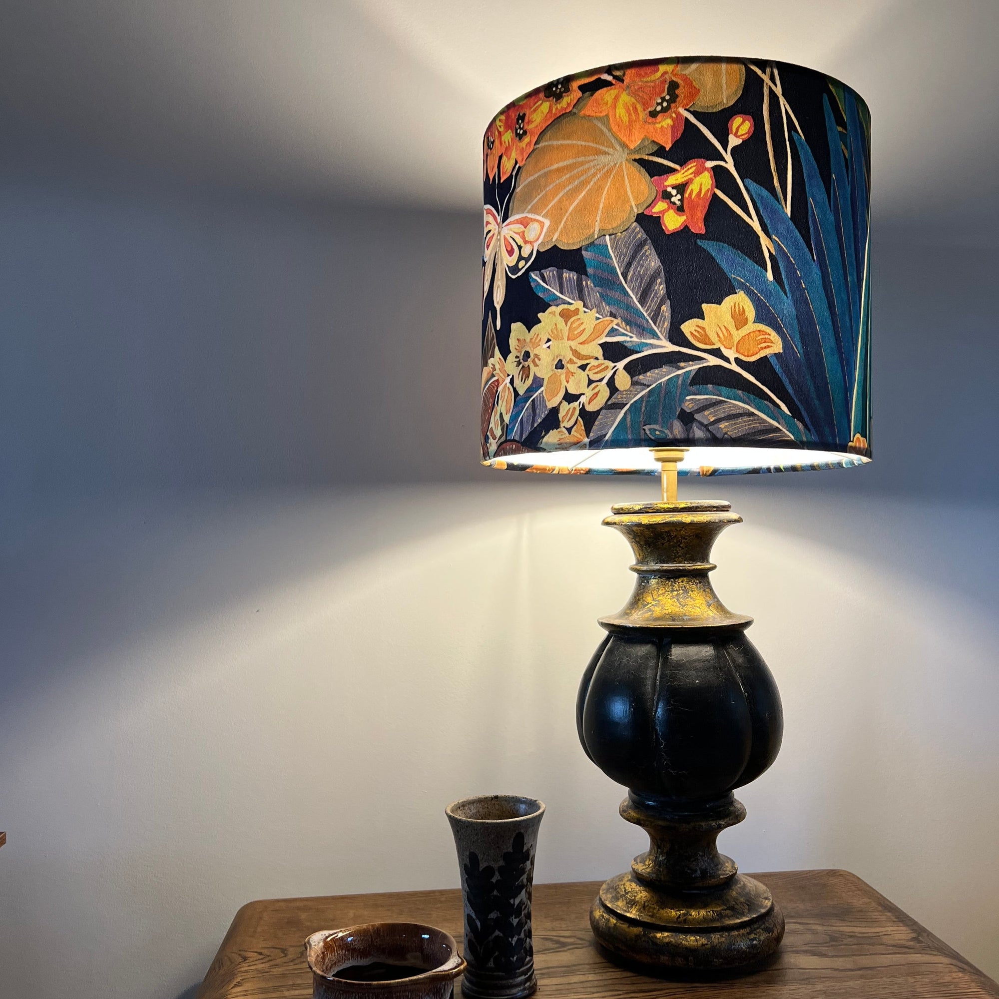 Floral midnight velvet, drum lampshade /ceiling shade with a white lining