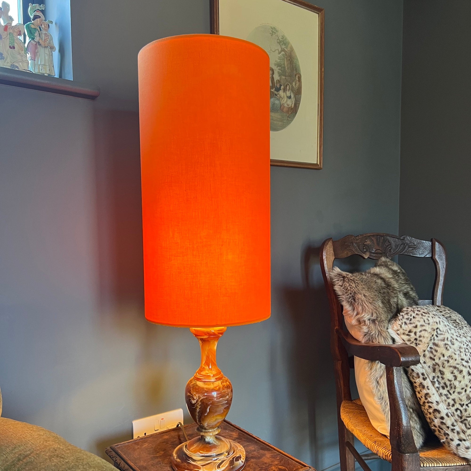 Bright Orange Cotton Lampshade | Extra Tall Cylinder Ceiling Light Shade | Bespoke Handmade UK