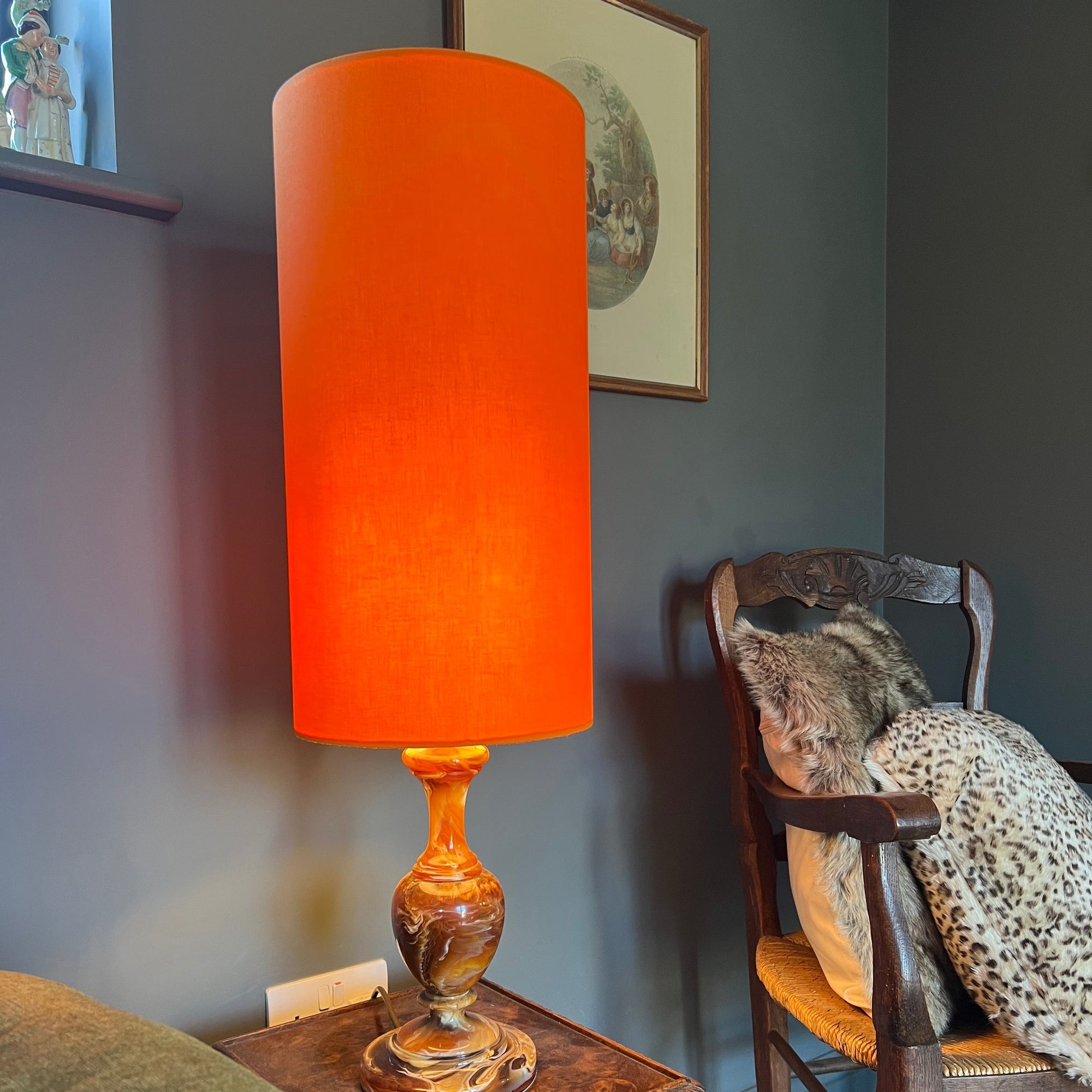 Bright Orange Cotton Lampshade | Extra Tall Cylinder Ceiling Light Shade | Bespoke Handmade UK