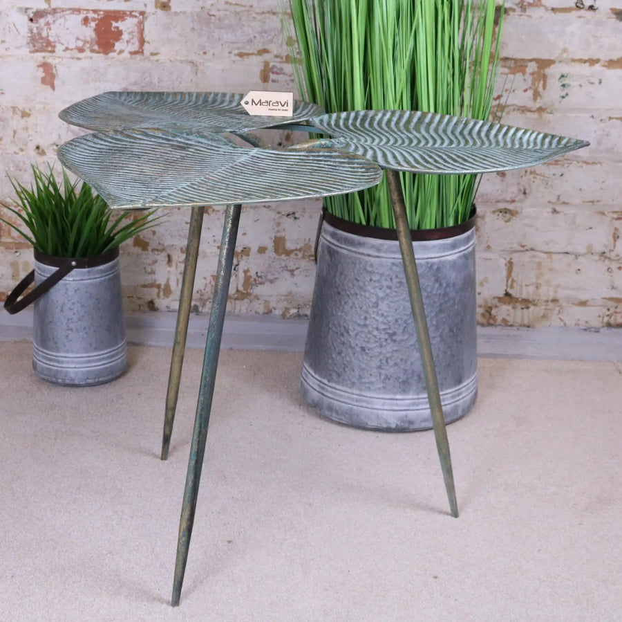 Luxury Ramai Three Leaf Side Table, stylish boho decor with green and gold finish, lightweight metal tripod legs by Maravi at brixbailey.com